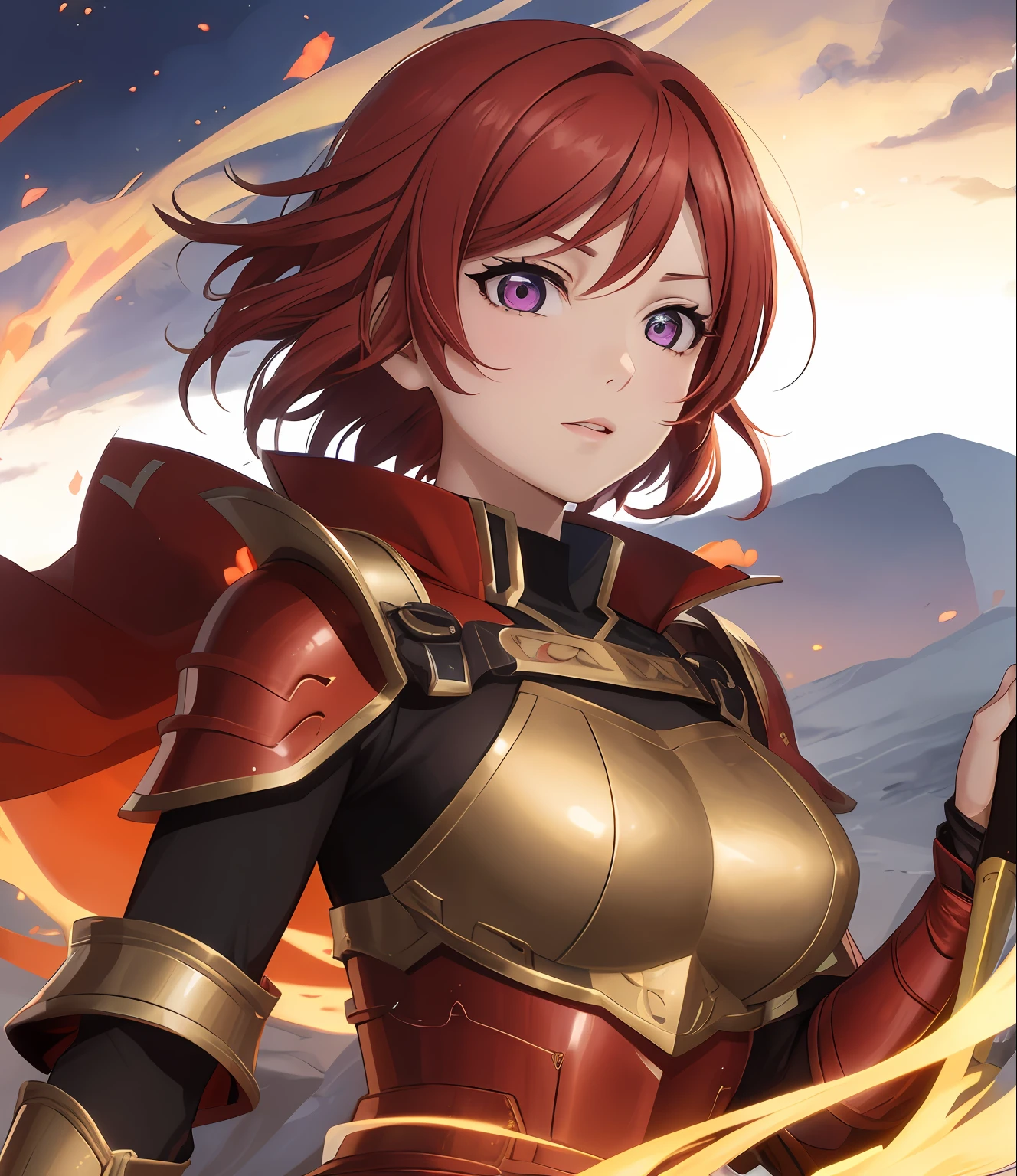 Nishikino maki, Purple eyes, red hair, short hair,(armor:1.2),Golden Armor , llchar, upper body,solo, face close up,big breasts