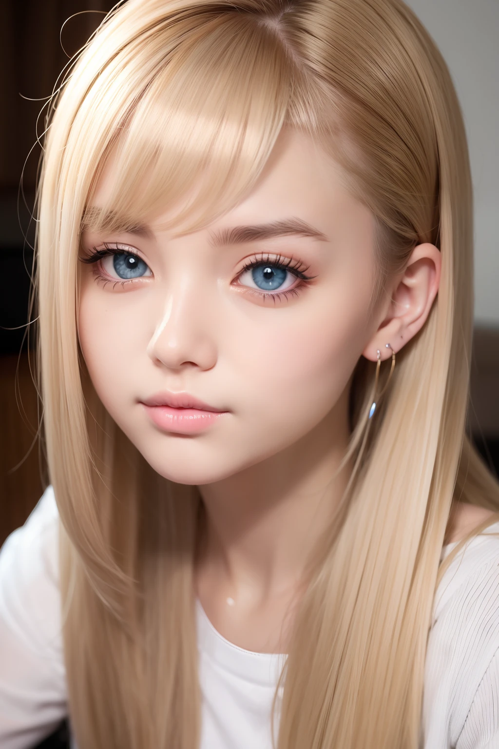 portlate、School Uniforms、bright expression、poneyTail、Young shiny shiny white shiny skin、Best Looks、Blonde reflected light、Platinum blonde hair with dazzling highlights、shiny light hair,、Super long silky straight hair、Beautiful bangs that shine、Glowing crystal clear attractive big blue eyes、Very beautiful nice cute girl、Lush bust