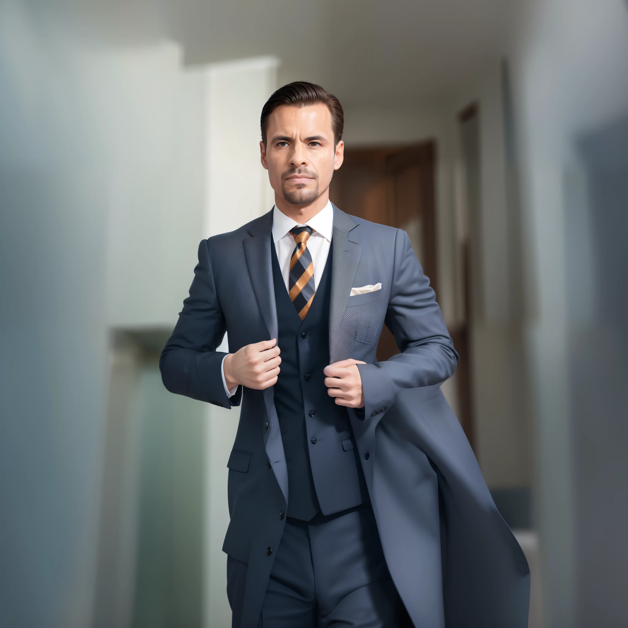 An Alafed man in a suit and tie stands in the hallway, 3-piece-suit, wear suit, tailored clothing, suit and waistcoat, dressed in a suit, 3-piece-suit, wear suit, dressed in a suit, Business suit, wear suit, wearing a strict business suit, wearing a stylish men's suit, lawyer suit, well - dressed