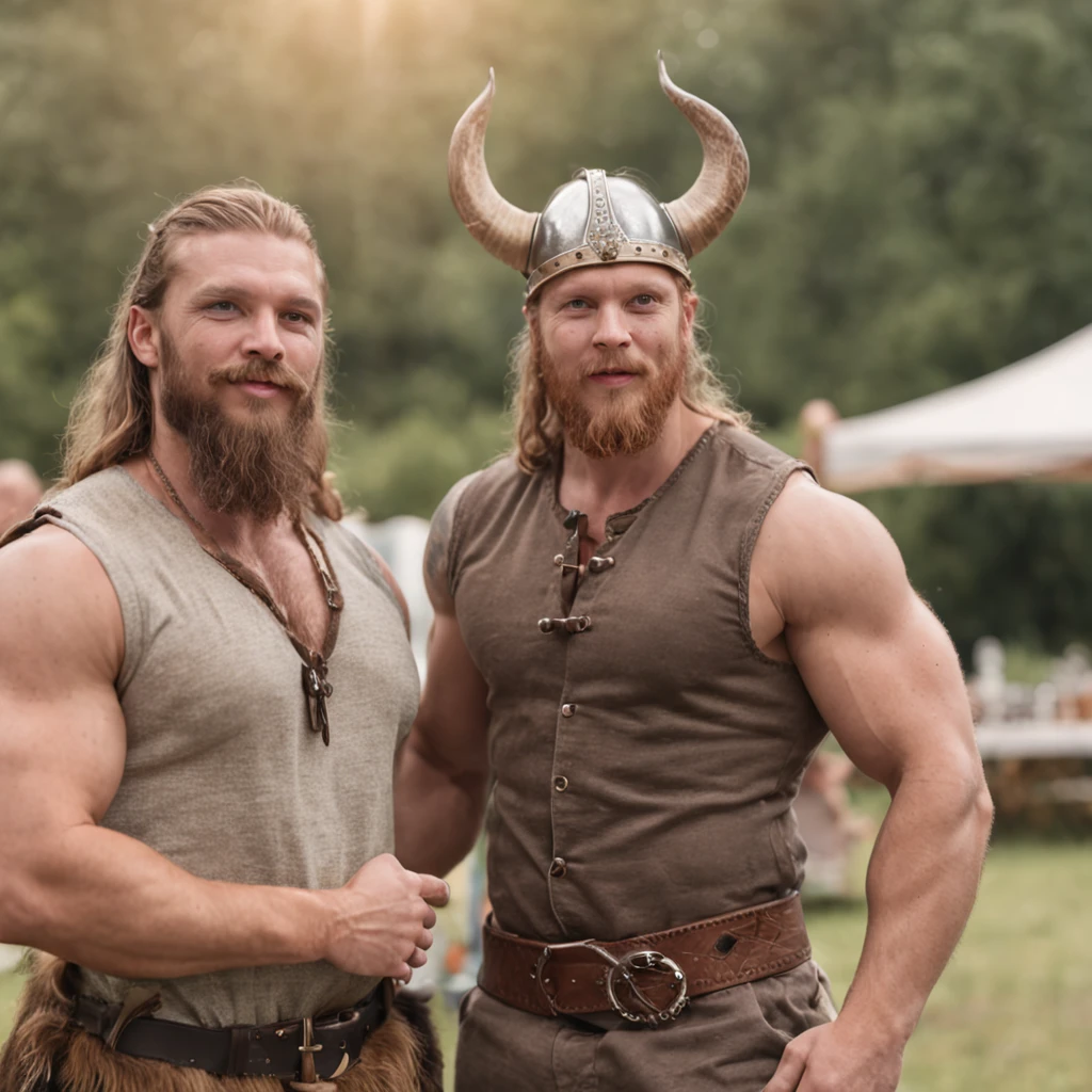 photo of muscular gay Vikings partying outside on a warm summer evening. many people