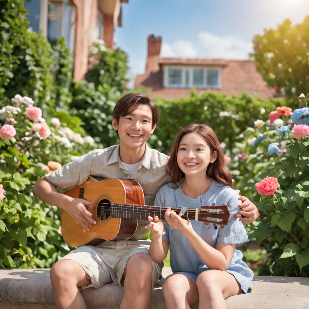 Pixar illustration, flattened illustration, a couple happily sitting on the balcony, a boy wearing short sleeved shorts, happily playing the guitar, a girl wearing a short sleeved skirt, smiling at the distance, the flowers and green leaves in the foreground are very bright, flowers, roads, and a house in the middle, with a background of blue sky and white clouds, bright colors, high saturation, outline light, dazzling, blue tone, warm and bright, colorful, AI vector illustration, high-quality, illustration, high-definition,-- niji