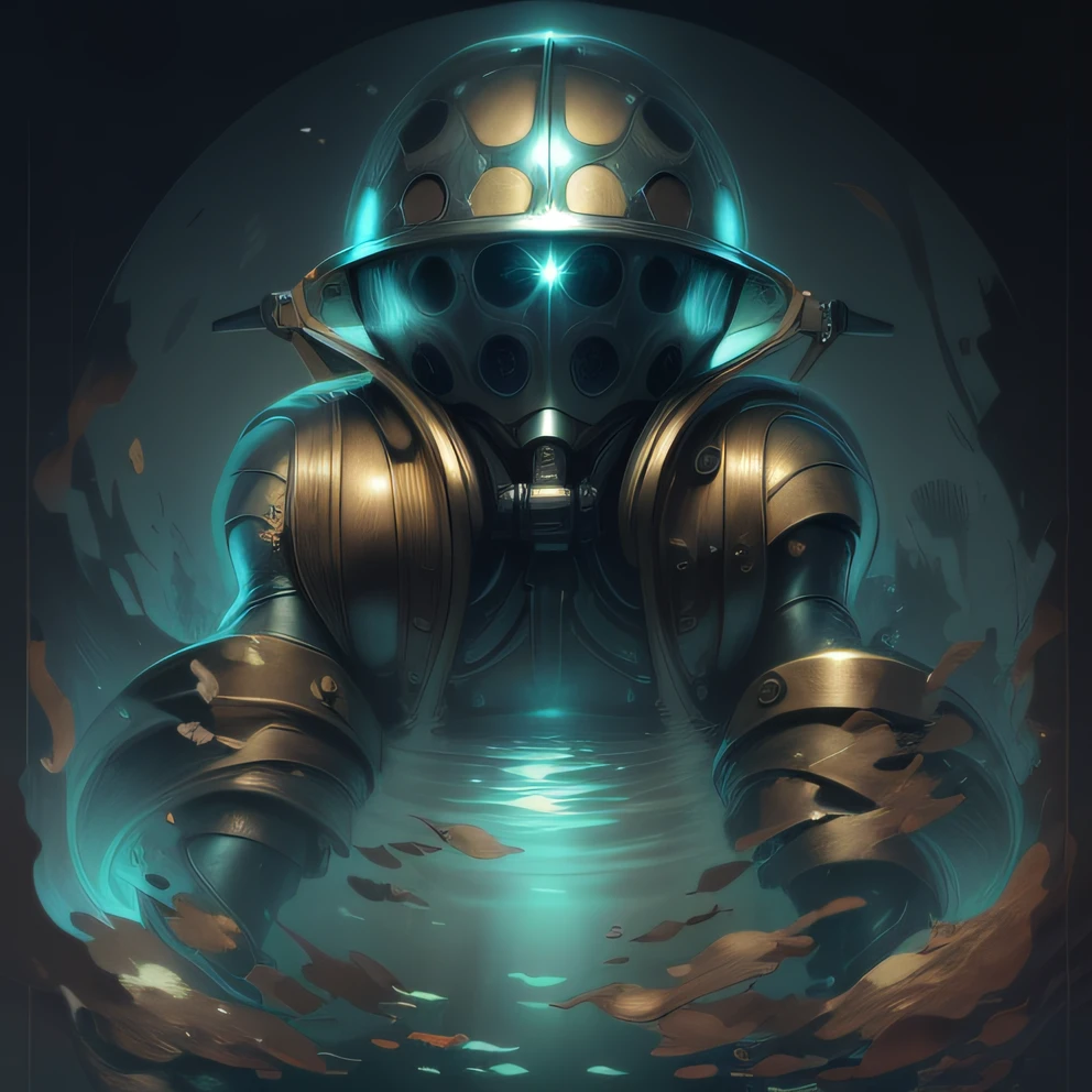 ((Best quality)), ((Masterpiece)), (Highly detailed: 1.4), (hyper-realistic), ((Best quality)), ((Masterpiece)), (Highly detailed: 1.3), (realistic), (Photorealistic), (high dynamic range), 8K, Highly detailed, ultra high resolution, keep the idea, keep the shapes, man, in a diving suit, old, big, round, metal helmet, the body is covered by a suit metallic, simple, art deco style, background image, under the sea, low light.