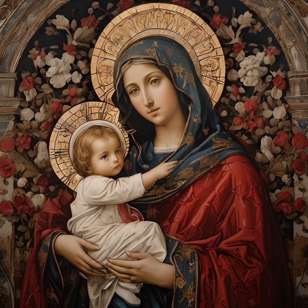 (((Holy Virgin Mary and the Child Jesus. 19 years old))) ((( Con una cara seria y piadosa. Con una mirada dulce y tierna))) (obra maestra, calidad superior, mejor calidad, arte oficial, beautiful and aesthetic: 1.2), (1girl), extremadamente detallado, (Arte fractal: 1.3), colorido, highest detailed, Cara perfecta, parte superior del cuerpo, HDR, (orando: 1.3), (golden lines of white coat: 1.2), galaxia, (rayas de luz), eye-catching visuals, (dynamic stripes, senderos luminosos: 1.2), colores vibrantes,