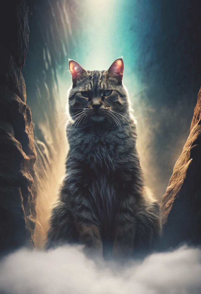 a cat, dark room, spot light, sitting  on rock, glowing eyes, contrasted, rough, text, frontal full body, 8K resolution, image size [3:6]  -variation --auto --s2