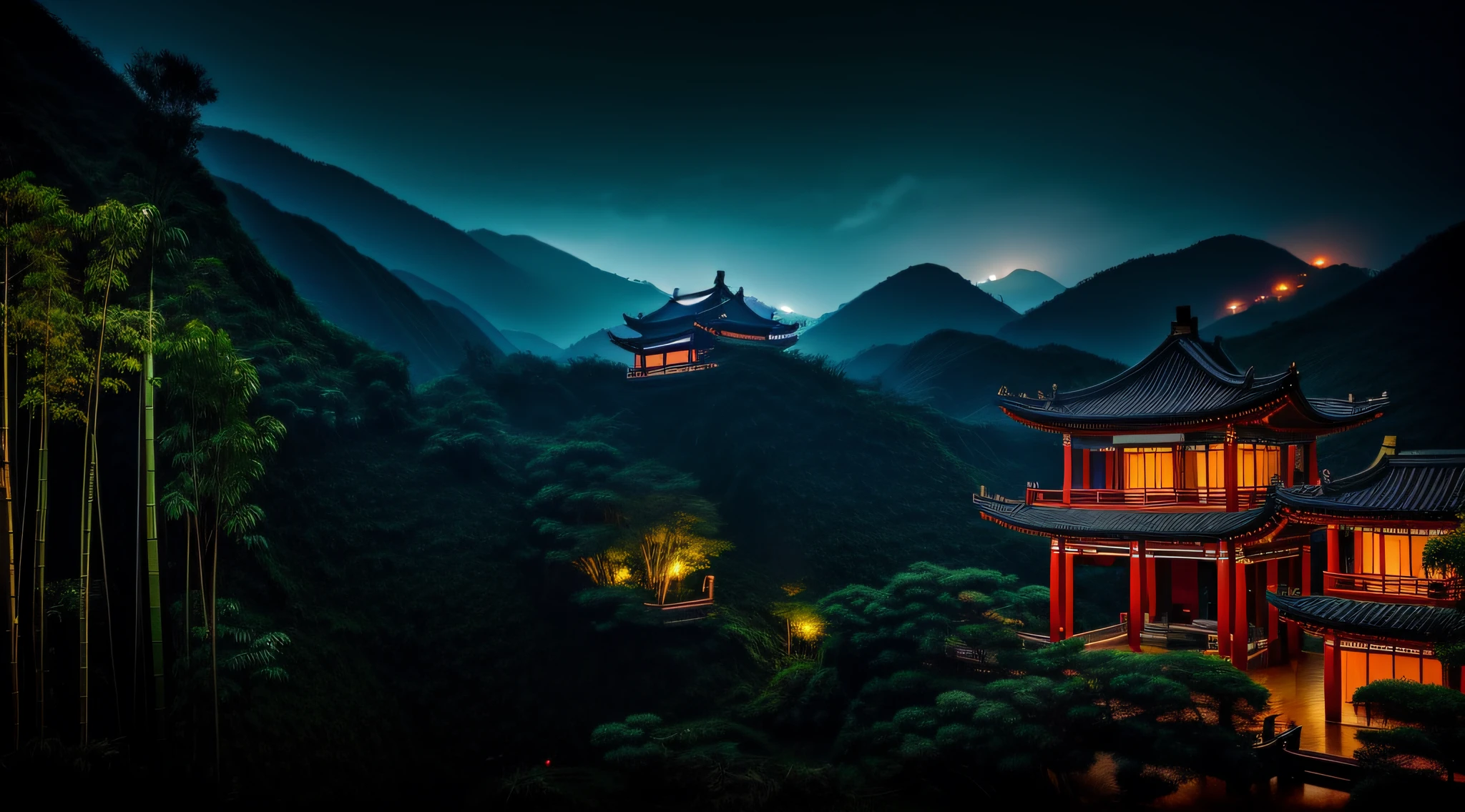 No Man,Chinese style buildings,hillside,bamboo forrest,rainy sky,Atmospheric fantasy setting,Chinese interior,the night,Turn on the lights