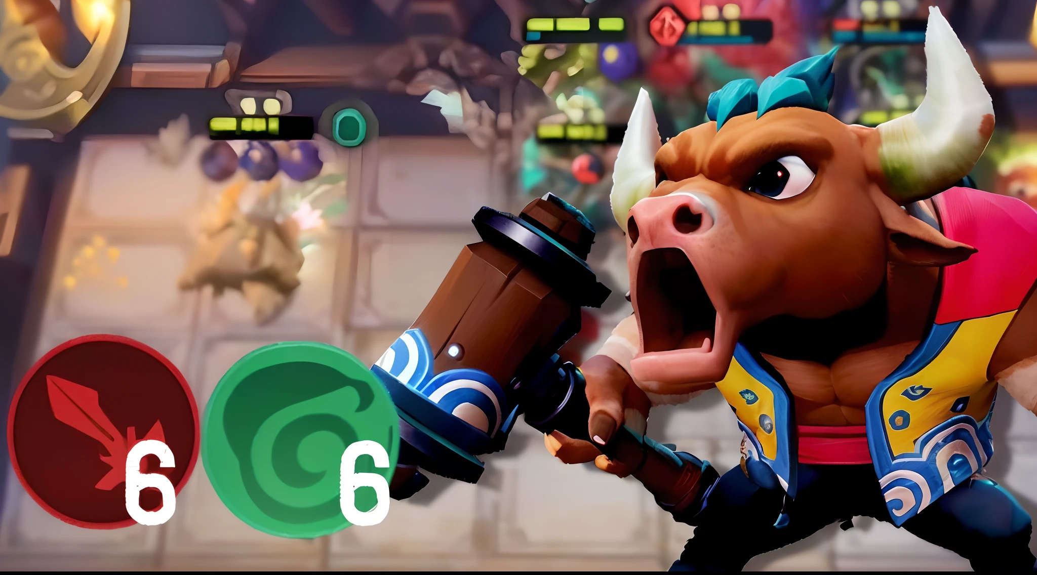 um close up de um touro com um martelo em um jogo, Captura de tela do videogame, atacando com machado, Tauren, dog - faced muscular goblin, Bloons TD 6 dardo macaco, Murloc tinyfin, holding huge mace, smoke billowing :6, Minotauro em armadura antiga, jogabilidade ainda, captura de tela do videogame, Minotauro Guerreiro, segurando uma flail gigante