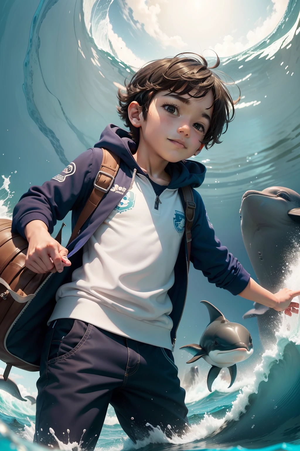 A viagem de Pip o pequeno aventureiro foi emocionante! He encountered playful dolphins and friendly whales during the trip. Algumas vezes, ondas gigantes assustavam o pequeno Pip, But he didn't give up. Make the background of the image with a blue sky.