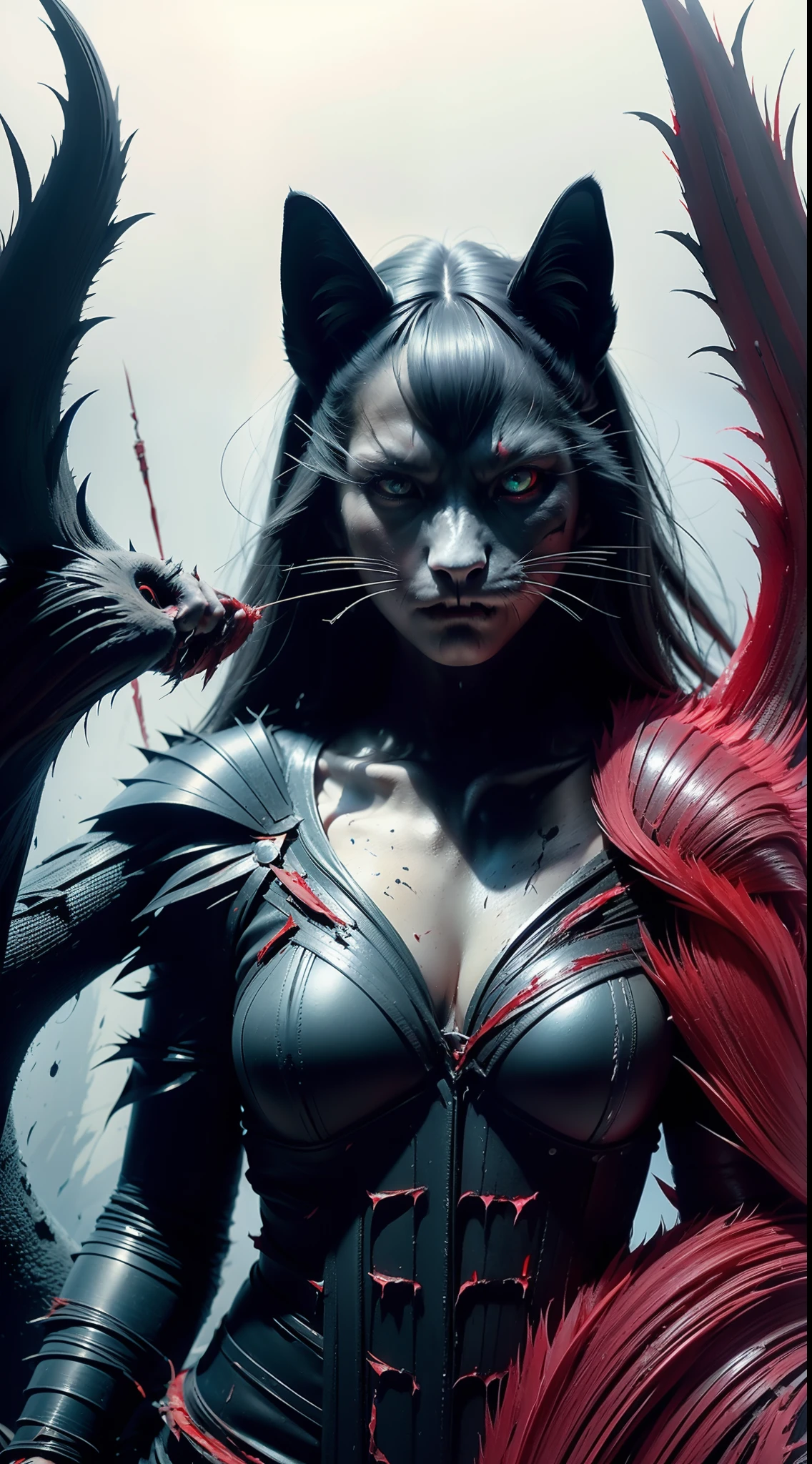 Fierce black cat,Dark red eyes,Close-up of extreme body details,White fangs,Sharp claws,Teeth and claws,Blood-covered armor,(The armor is tattered,Blood dripping),Blood dripped from the corners of the mouth,True blood,Full body like,Prepare for a raid