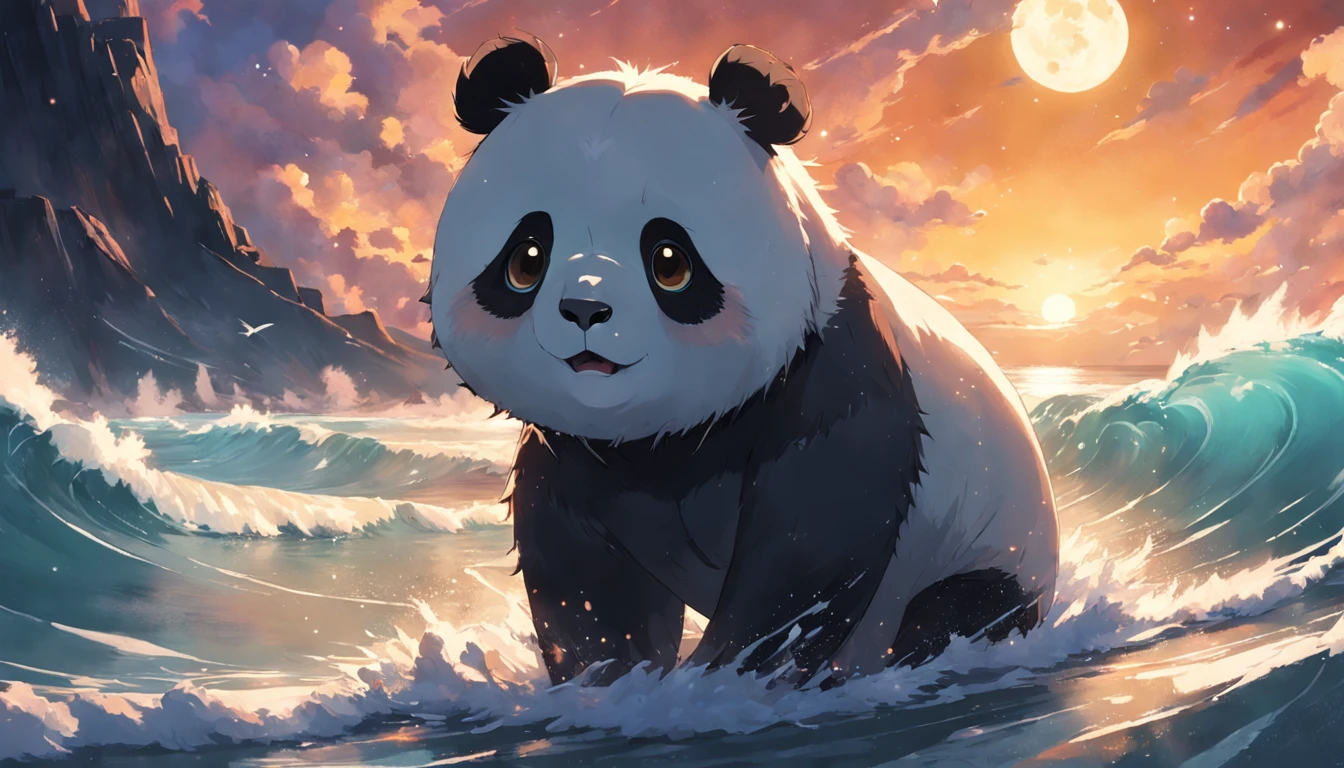 tmasterpiece, best qualityer, cinematic Film still from, 1panda, Panda Cloud, Surf in the sea, Close-up, brightly, cheerfulness, Soft lighting and warmth, natta, Starry sky, (spark of light: 0,7)