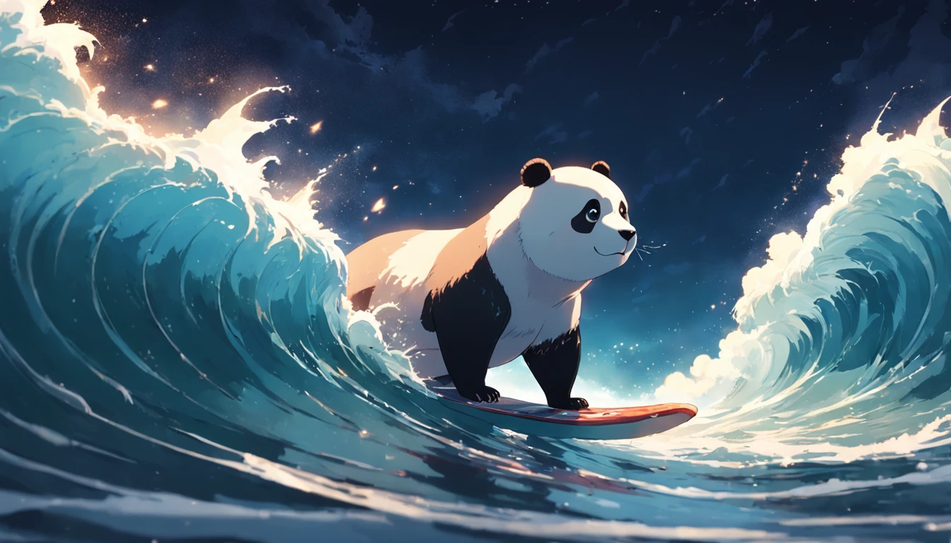 tmasterpiece, best qualityer, cinematic Film still from, 1panda, Panda Cloud, Surf in the sea, Close-up, brightly, cheerfulness, Soft lighting and warmth, natta, Starry sky, (spark of light: 0,7)