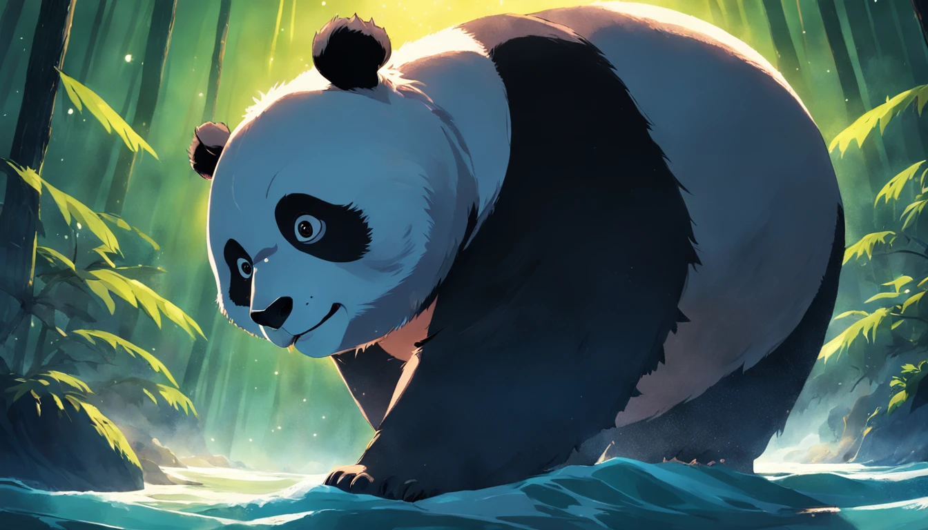 tmasterpiece, best qualityer, cinematic Film still from, 1panda, Panda Cloud, Surf in the sea, Close-up, brightly, cheerfulness, Soft lighting and warmth, natta, Panda in forest looking up at the stars,Turn your back to the stars, Starry sky, (spark of light: 0,7)