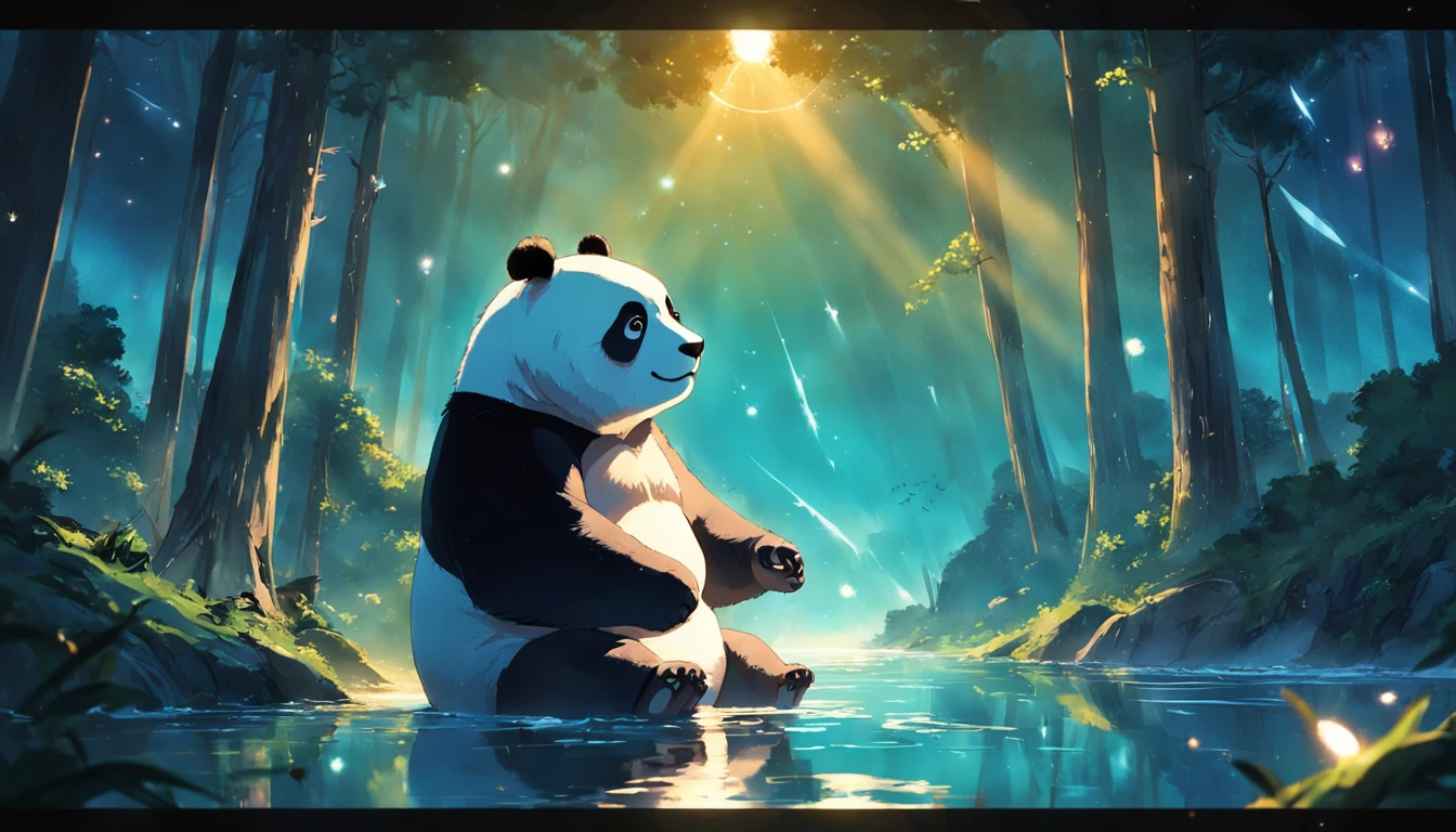 tmasterpiece, best qualityer, cinematic Film still from, 1panda, Panda Cloud, Surf in the sea, Close-up, brightly, cheerfulness, Soft lighting and warmth, natta, Panda in forest looking up at the stars,Turn your back to the stars, Starry sky, (spark of light: 0,7)