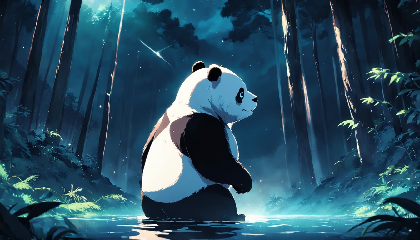tmasterpiece, best qualityer, cinematic Film still from, 1panda, Panda Cloud, Surf in the sea, Close-up, brightly, cheerfulness, Soft lighting and warmth, natta, Panda in forest looking up at the stars,Turn your back to the stars, Starry sky, (spark of light: 0,7)