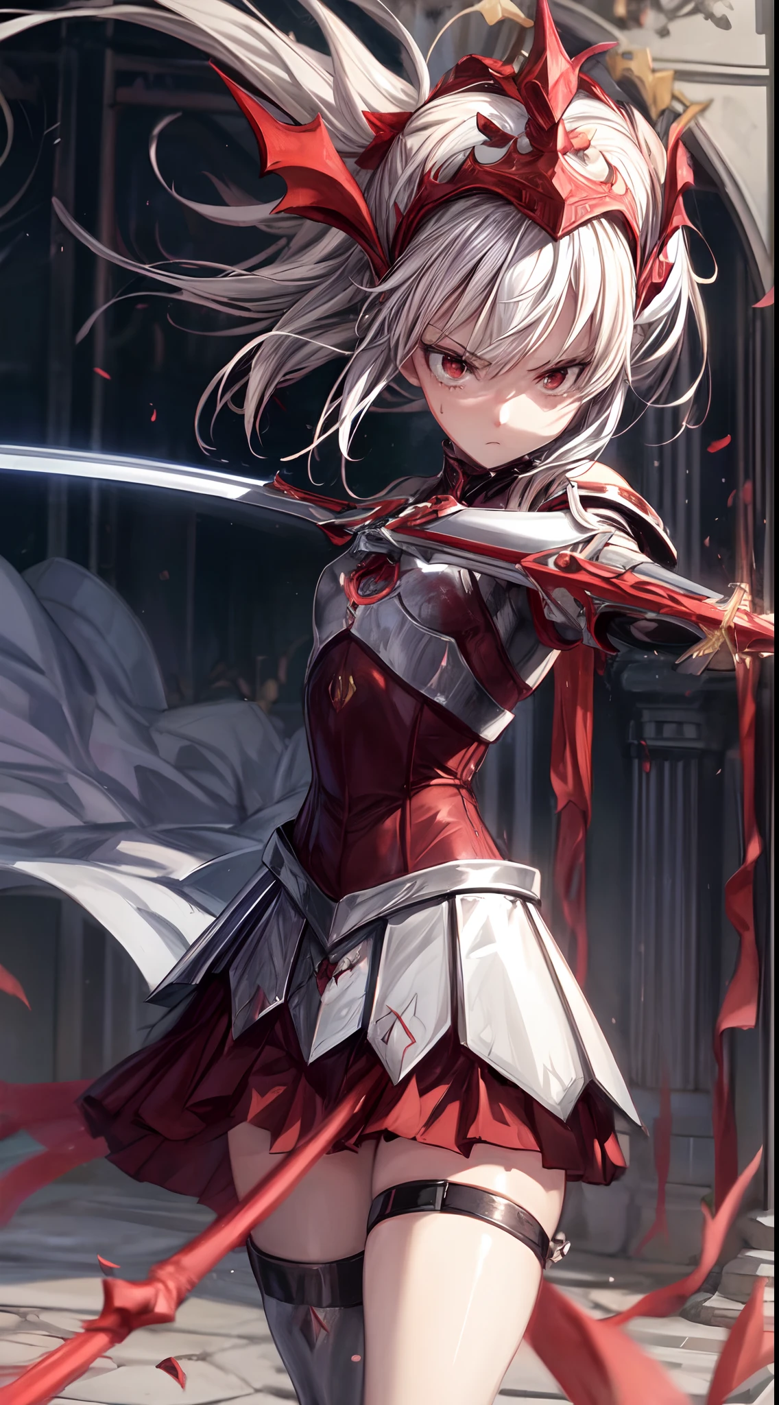 1girl,mordred \(fate\),MordredArmorNoHelmet,(holding sword,greatsword,clarent \(fate\)),serious,sweatdrop,fighting stance, see my love,