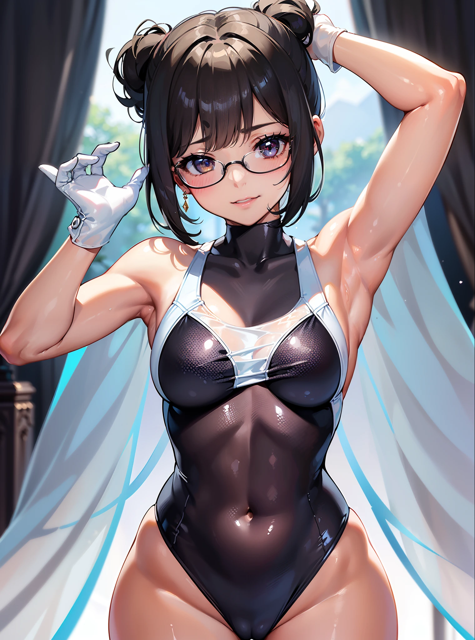 ((Girl in 1))、(Oily skin:1.3),masterpiece、Detailed beautiful face、Bright lighting、Daytime、outside of house、with light glowing、Detailed beautiful eyes、hight resolution、Ultra-fine illustration、extremely delicate and beautiful、The whole body is shown、(Thin thighs:1.1)、Open knees、、(Dark skinned:1.2), (Black hair:1.3, Bob Hair、Blunt bangs,Brown eyes、Glasses),A smile、Smiled face、Hair tied at the back、Curvaceous, (shinny hair, Glossy eyes, shinny skin), Arms behind your head、Raise your arms、Armpit、front facing,(((see -through:1.3,Competitive swimsuit))Pichi Pichi clothes、((The navel is hidden))、pelvis curtain、Armpits、A smile、Watch your audience、under the boobs、Black belly、blushed、perspiring、Jeweled、Parting lips、tights、Blushing cheeks、tiptoes、gloves、elbow groves、Recurve the body、Upper body arching