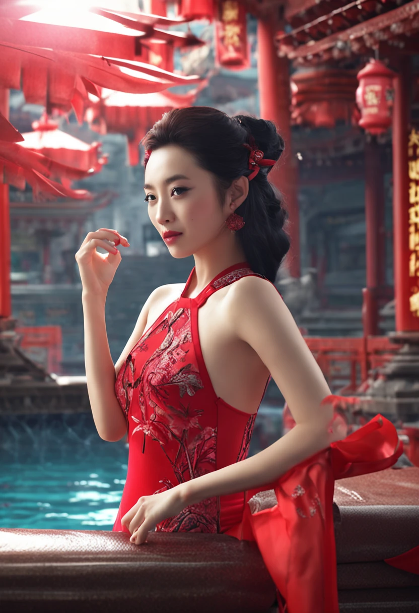oriental girl,pool,Red cheongsam swimsuit