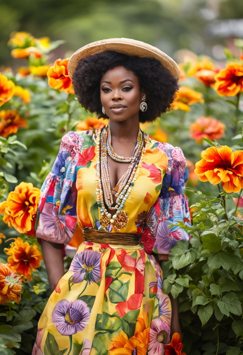 (Beauty shot:1.3) photo of a beautiful black woman, wearing kente dress, standing, upper body framing, in a flower garden, with diffused lighting, from a eye level, shot on a Hasselblad 500CM with a Voigtlander Nokton 50mm f1.1 lens, in the style of (Richard Avedon:1.4)