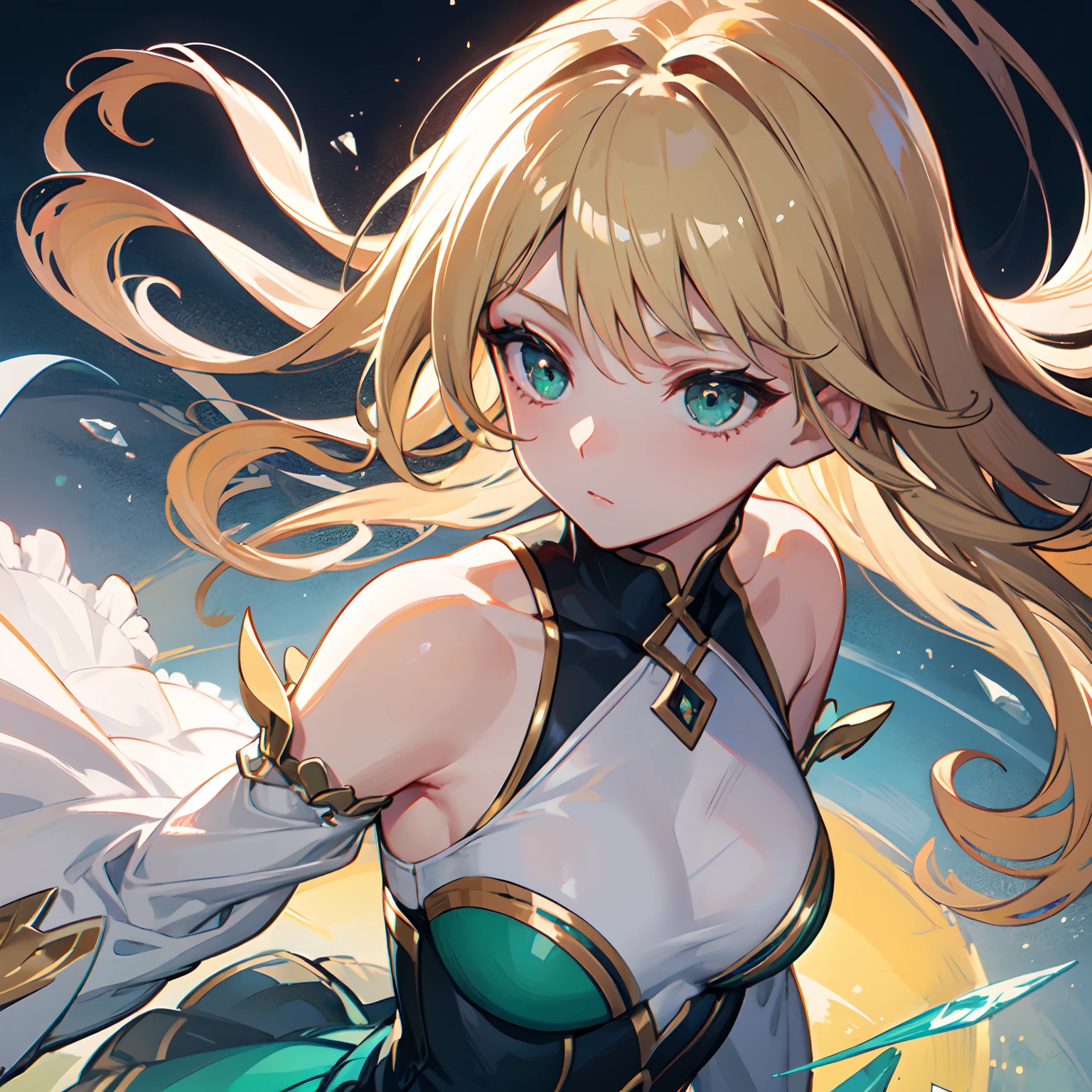 an extremely delicate and beautiful CG illustration, best quality, high resolution, dynamic angle, close-up shot, (1girl), green large crystal eyes, straight long platina blond hair, floating, soft light, (high-key lighting), mysterious,vivid color,shiny,