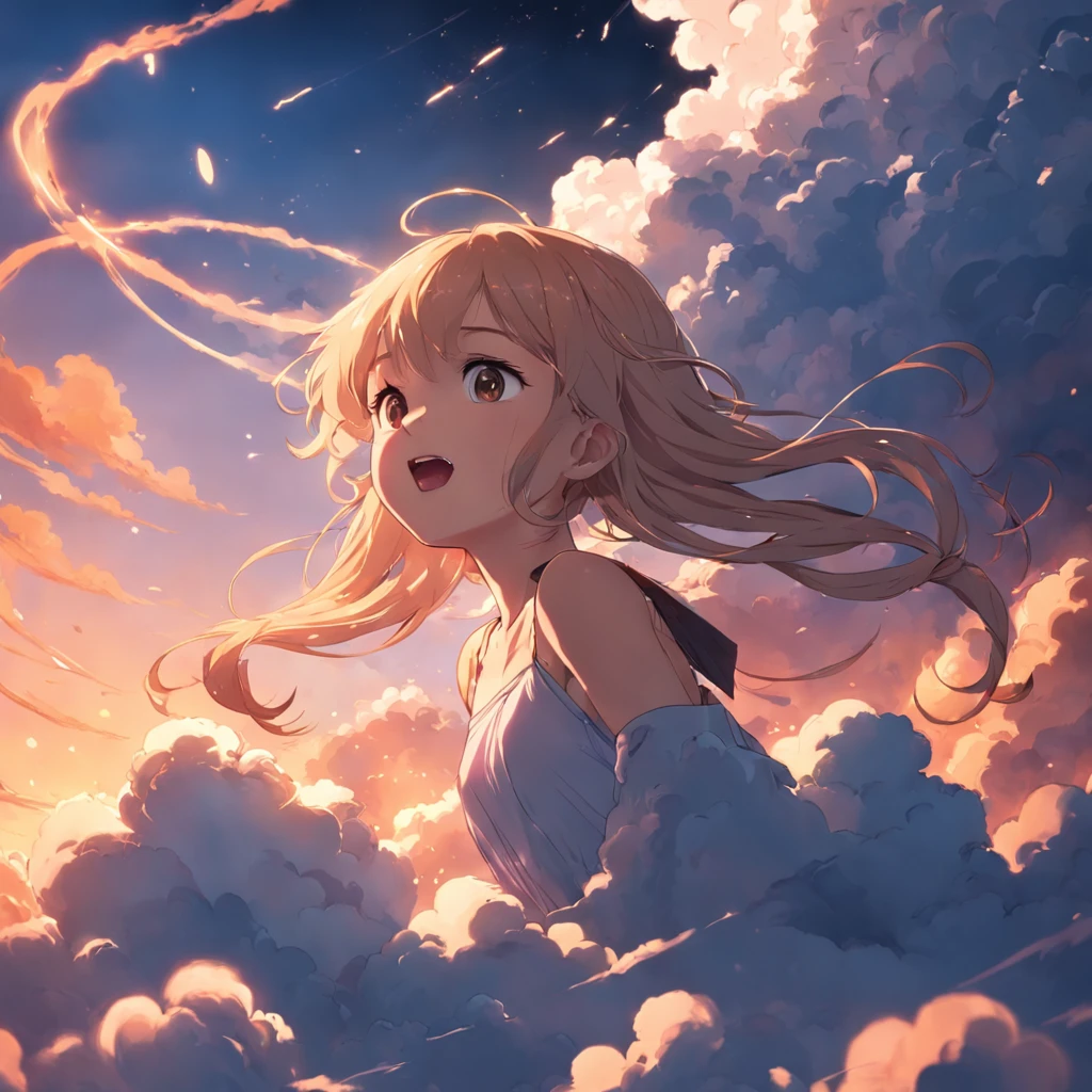 masterpiece, best quality, movie still, 1girl, cloud girl, floating in the sky, close-up, bright, happy, warm soft lighting, sunset, (sparks:0.7)