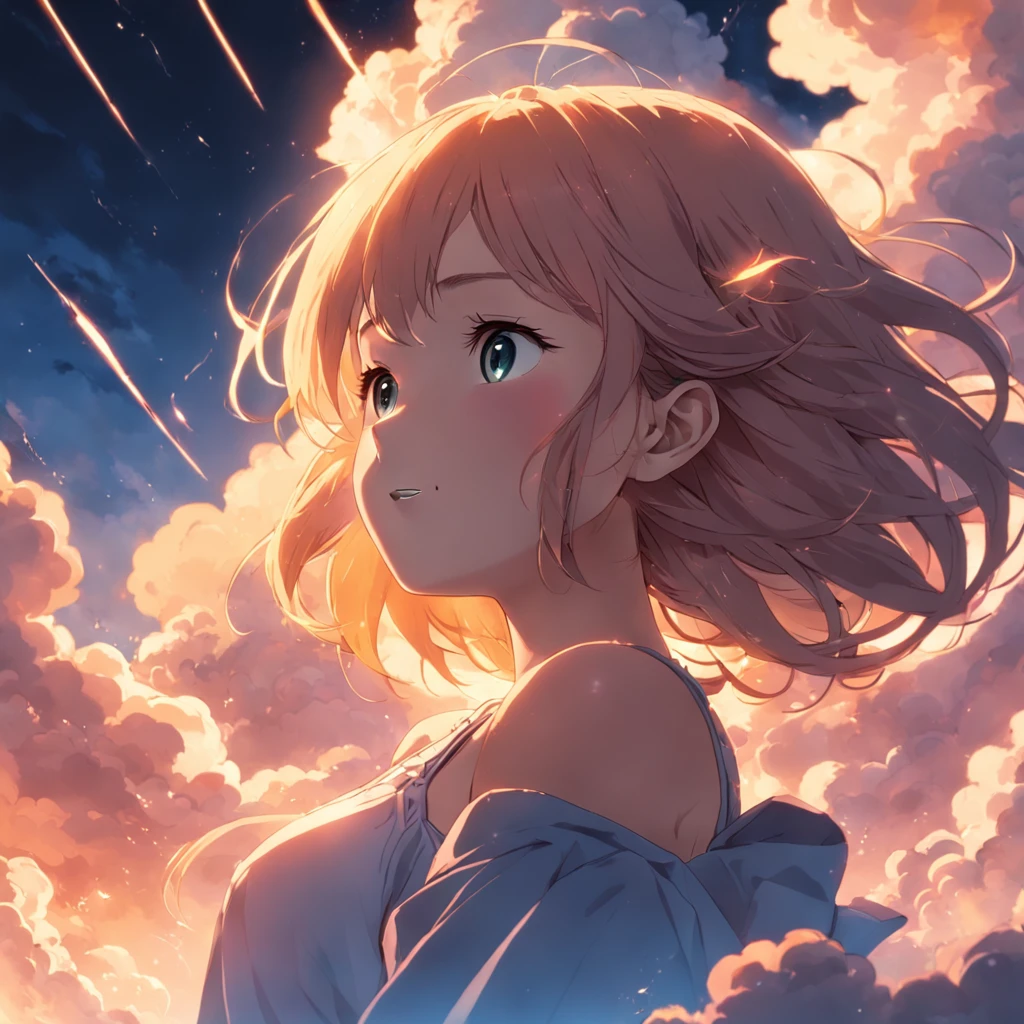 masterpiece, best quality, movie still, 1girl, cloud girl, floating in the sky, close-up, bright, happy, warm soft lighting, sunset, (sparks:0.7)