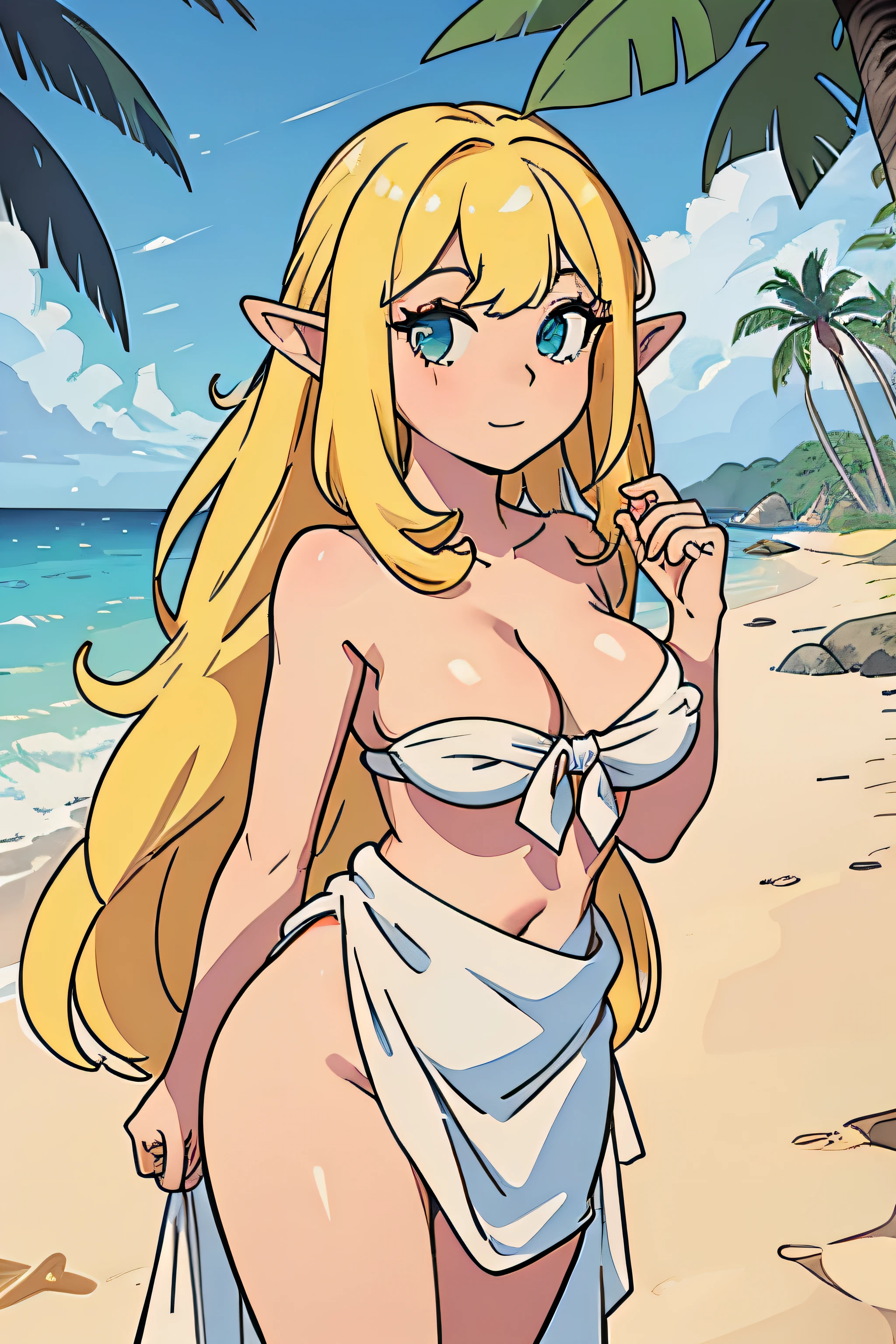 elf with a hairy covering tits and towell covering her on her back on the beach with long yellow hair, beautiful landscape