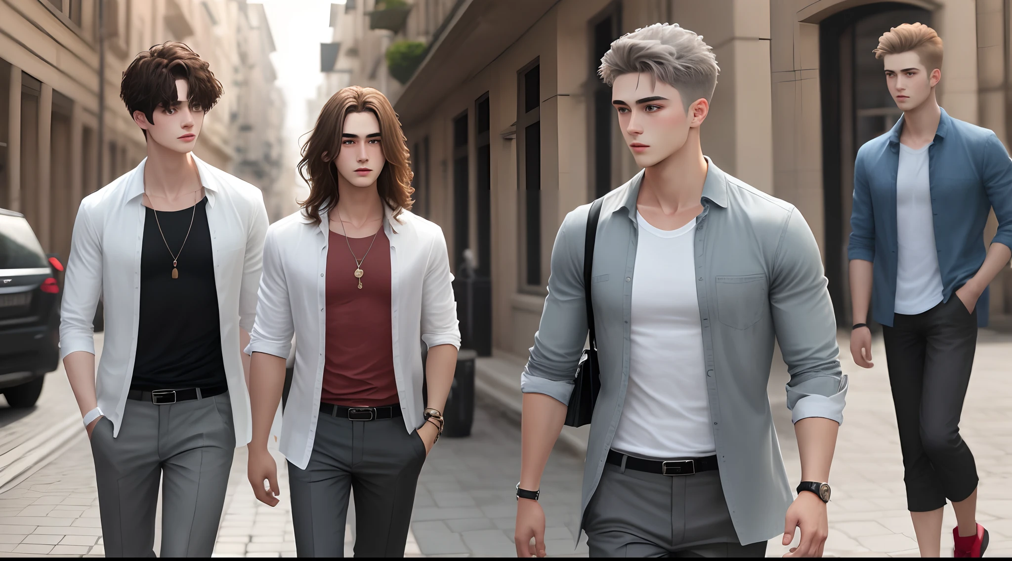 brunette color hair,long whitr hair,Young boys,cool guy,Open shirt,Gray pants,whitestocking