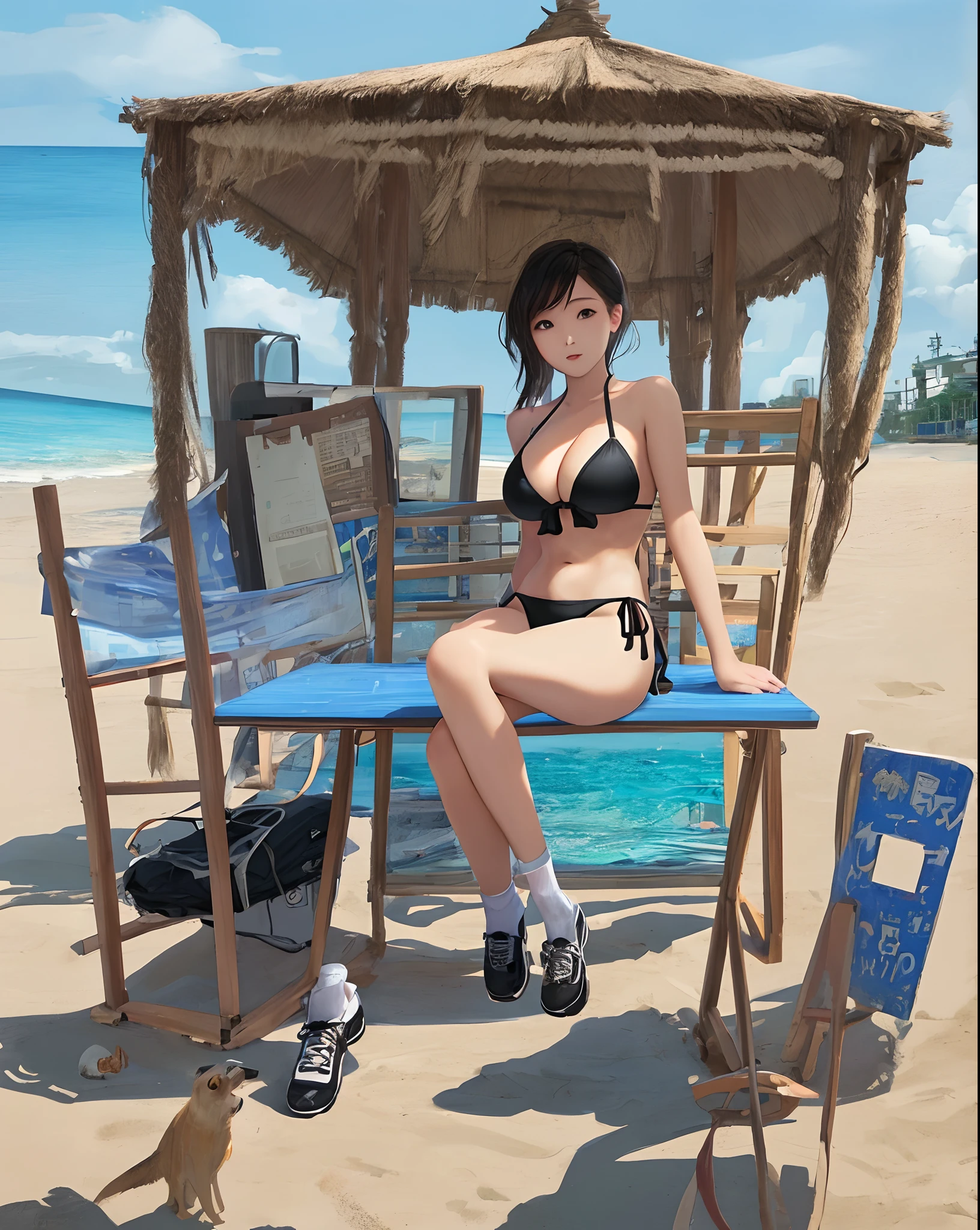 Female junior high school student poor breasts Anterior bulge back bikini Spread her legs and sit on the beach