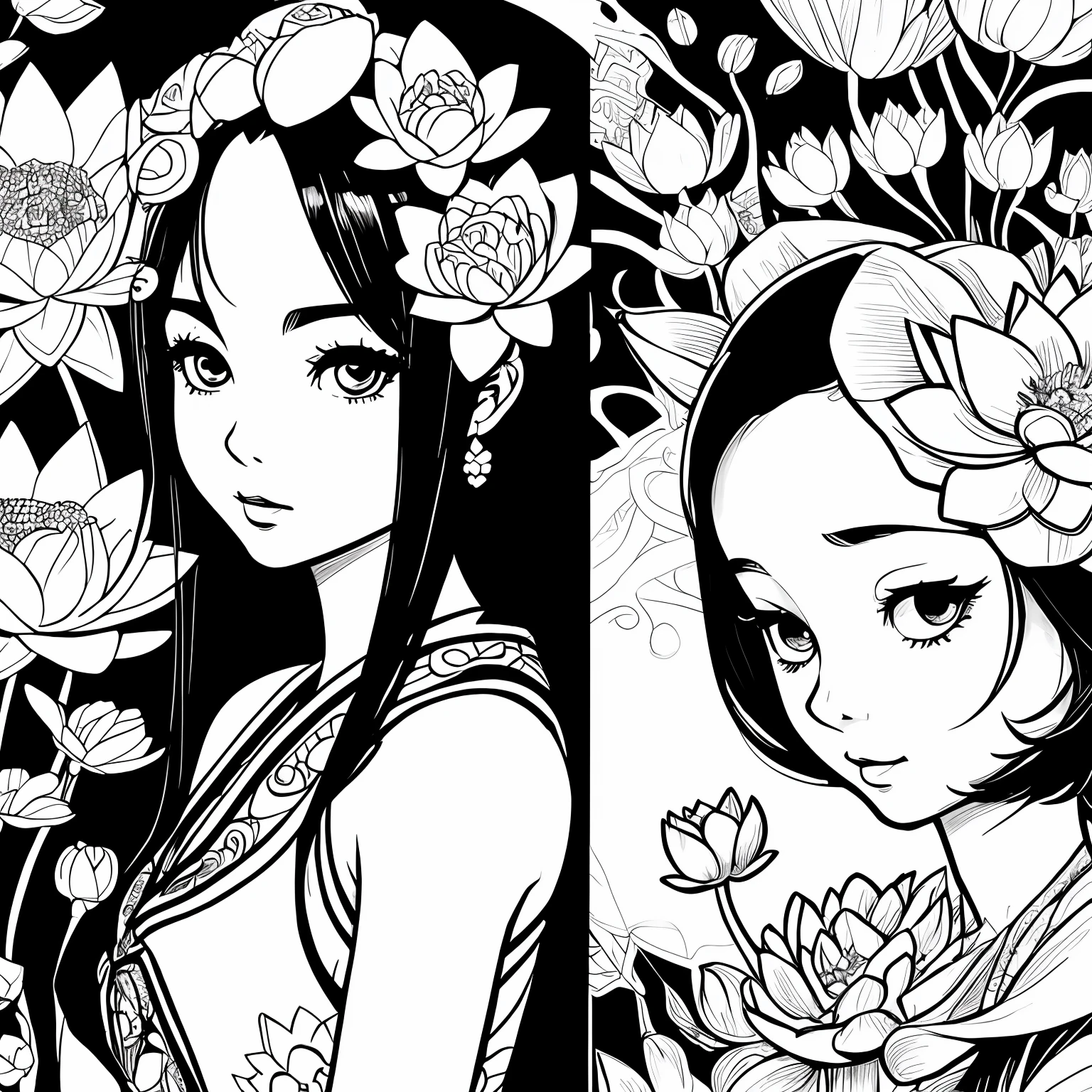 Black and white stick figure girl with lotus flower in background, loli in dress with flowers, its fine ink line art, comic style, portrait of magical marilyn munroe beautiful line art, black and white comic style, manga style, manga art style, pencil and ink caricature drawing, black and white coloring
