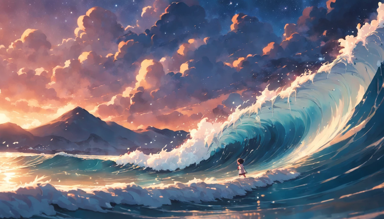 tmasterpiece, best qualityer, cinematic Film still from, 1panda, Panda Cloud, Surf in the sea, Close-up, brightly, cheerfulness, Soft lighting and warmth, natta, Starry sky, (spark of light: 0,7)