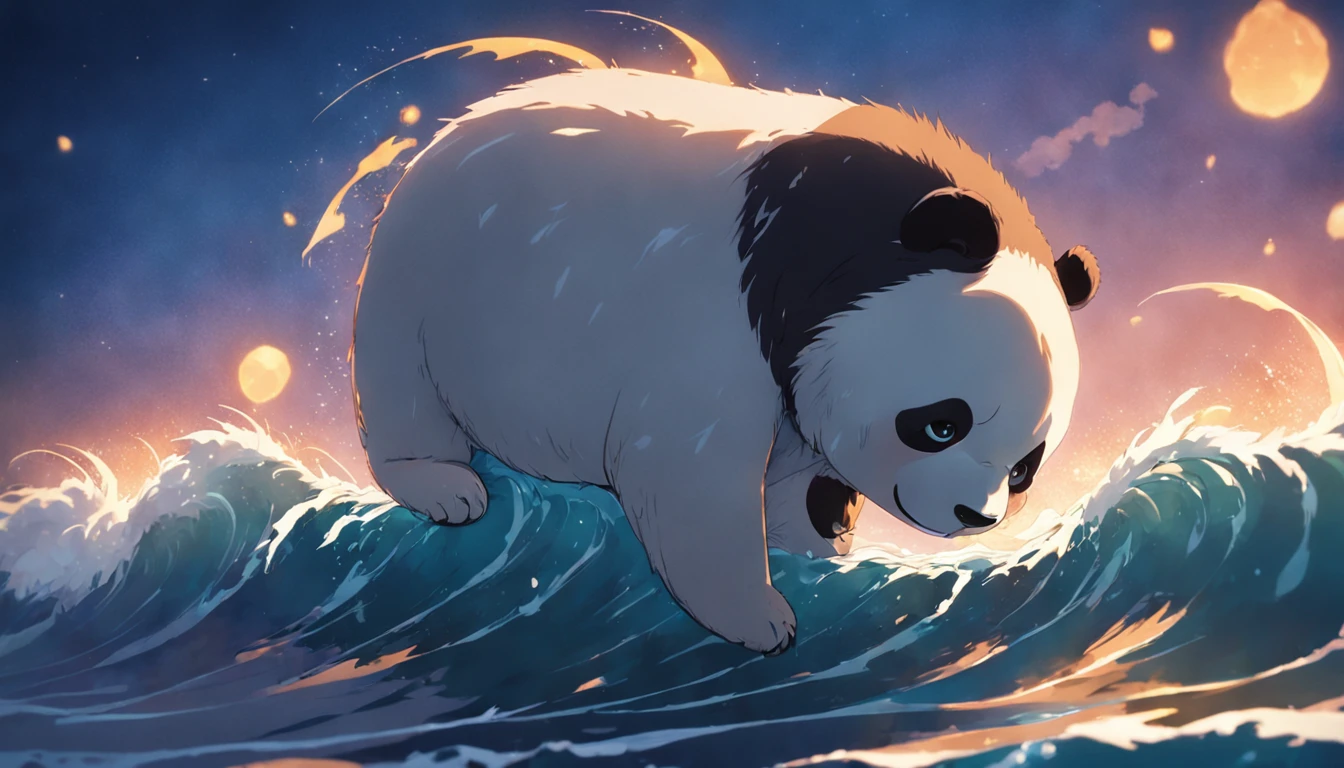 tmasterpiece, best qualityer, cinematic Film still from, 1panda, Panda Cloud, Surf in the sea, Close-up, brightly, cheerfulness, Soft lighting and warmth, natta, Starry sky, (spark of light: 0,7)