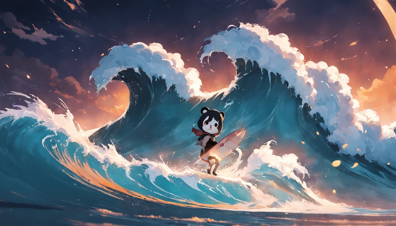 tmasterpiece, best qualityer, cinematic Film still from, 1panda, Panda Cloud, Surf in the sea, Close-up, brightly, cheerfulness, Soft lighting and warmth, natta, Starry sky, (spark of light: 0,7)
