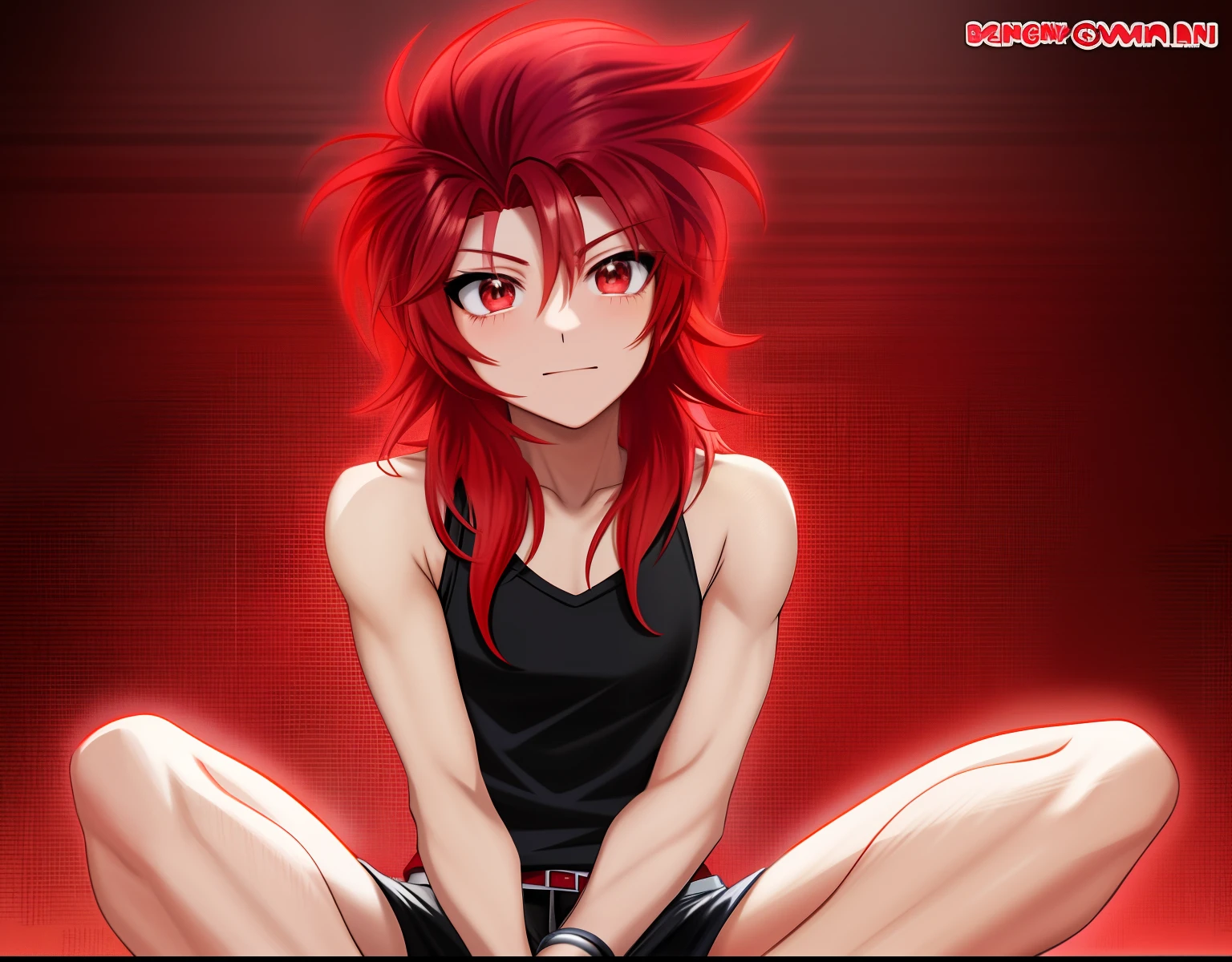 Red haired anime boy sitting on floor with legs crossed, Anime Boy, anime style character, garments:Black tank top, Boy in shorts, Muscular men, In anime style, anime styled」, Anime style, Knight of Zodiac Boy, With red hair, In an anime style