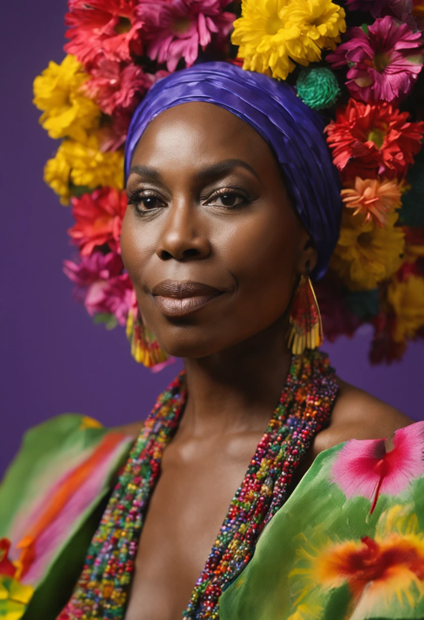 (Beauty shot:1.3) photo of a beautiful black woman, wearing kente dress, standing, upper body framing, in a flower garden, with diffused lighting, from a eye level, shot on a Hasselblad 500CM with a Voigtlander Nokton 50mm f1.1 lens, in the style of (Richard Avedon:1.4)