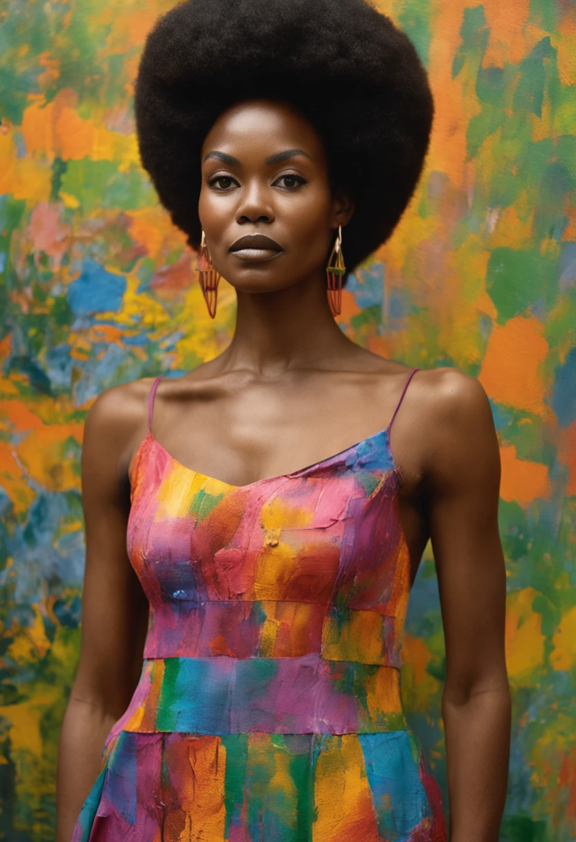 (Beauty shot:1.3) photo of a beautiful black woman, wearing kente dress, standing, upper body framing, in a flower garden, with diffused lighting, from a eye level, shot on a Hasselblad 500CM with a Voigtlander Nokton 50mm f1.1 lens, in the style of (Richard Avedon:1.4)