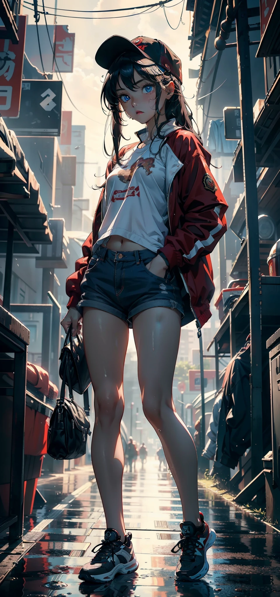 1female,9 ,bit girl,Small loli,super adorable,Bigchest ,Pornographic exposure, 独奏,(Background with:ln the forest,the rainforest,in summer,Standing water on the ground,exteriors) Feel free to hairstyle,Stride down to urinate,legs are open,Sweat profusely,drenched all over the body,seen from the front,Very long hair , mostly cloudy sky,(((tmasterpiece),(Very detailed CG unity 8K wallpaper),best qualtiy,cinmatic lighting,detailed back ground,beatiful detailed eyes,Bright pupils,blue color eyes(Very fine and beautiful),(Beautiful and detailed eye description),ultra - detailed,tmasterpiece,)),facing at camera,A high resolution,ultra - detailed)nakeness,with no underpants,revealing breasts,Bare genitalia, Bulge,Camel toes,Raised sexy,Lewd expression,Flushed complexion,Open-mouthed,frontage,elementarRed baseball jacket,Denim tong,baseball cap,athletic sneakers)Full body photo,Show shoes