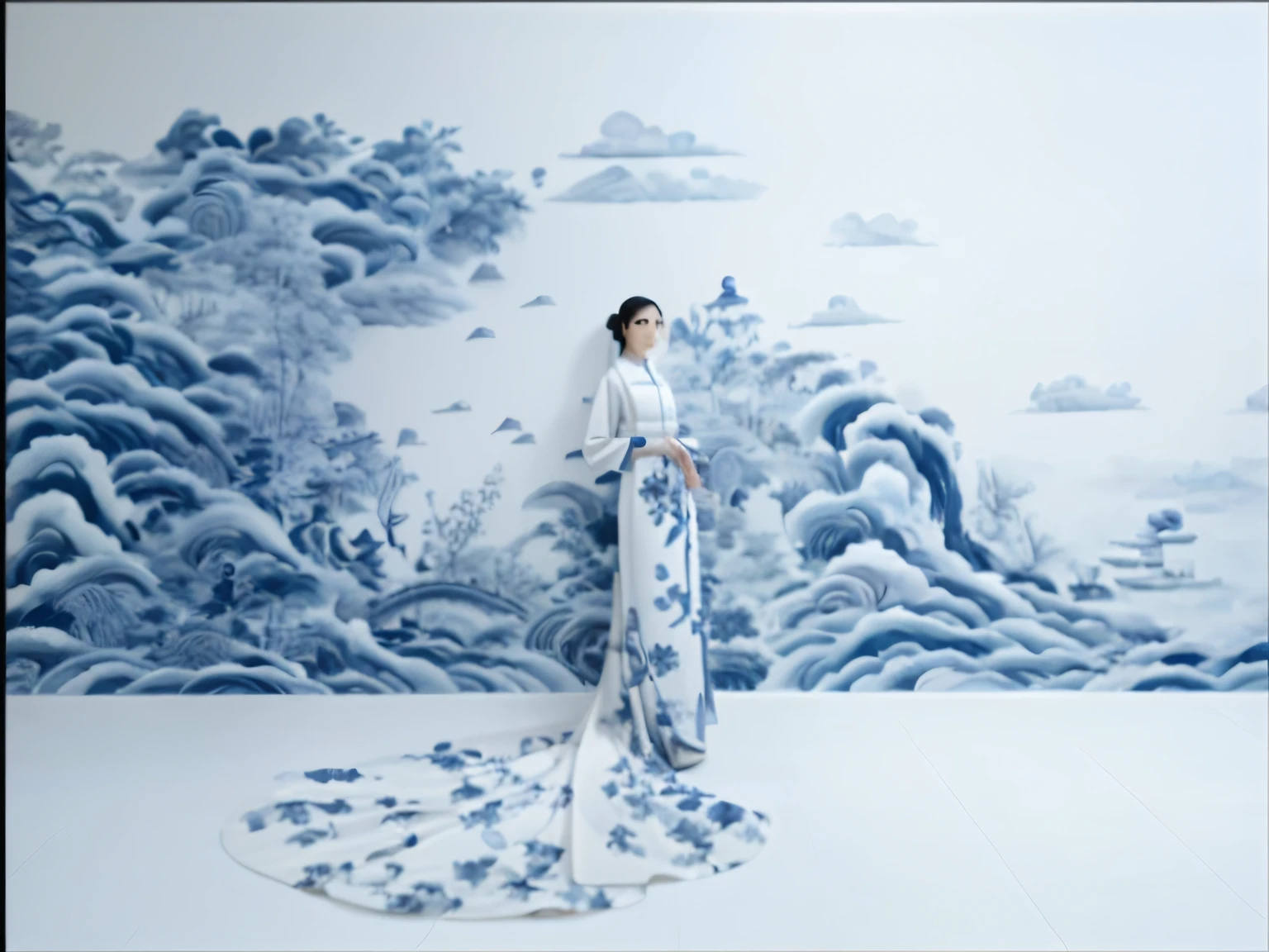 Arad woman in a white dress stands in front of the blue and white wall, inspired by Yuan Jiang, inspired by Fei Danxu, Inspired by Qiu Ying, inspired by Xia Shuwen, inspired by Jiang Tingxi, Inspired by Guo Xi, Inspired by Tang Yifen, inspired by Zhang Xuan, inspired by Qian Gu