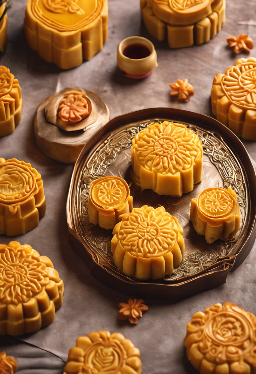 Commercial shooting, Cantonese style egg yolk moon cake, moon cake size, poster, fresh style background, elegant, booth lighting, attractive, realistic color, ultra HD