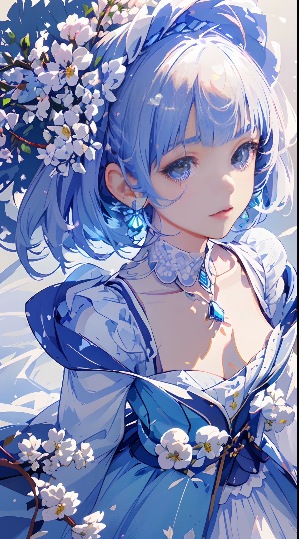 masterpiece, best quality, illustration, sax blue, platinum earrings, platinum necklace, white dress, 1girl, cute, (dynamic lighting:1.2), cinematic lighting, delicate facial features, detailed eyes, sharp pupils, realistic pupils, depth of field, bokeh, sharp focus, (hyper-detailed, bloom, glow:1.4), many small gems