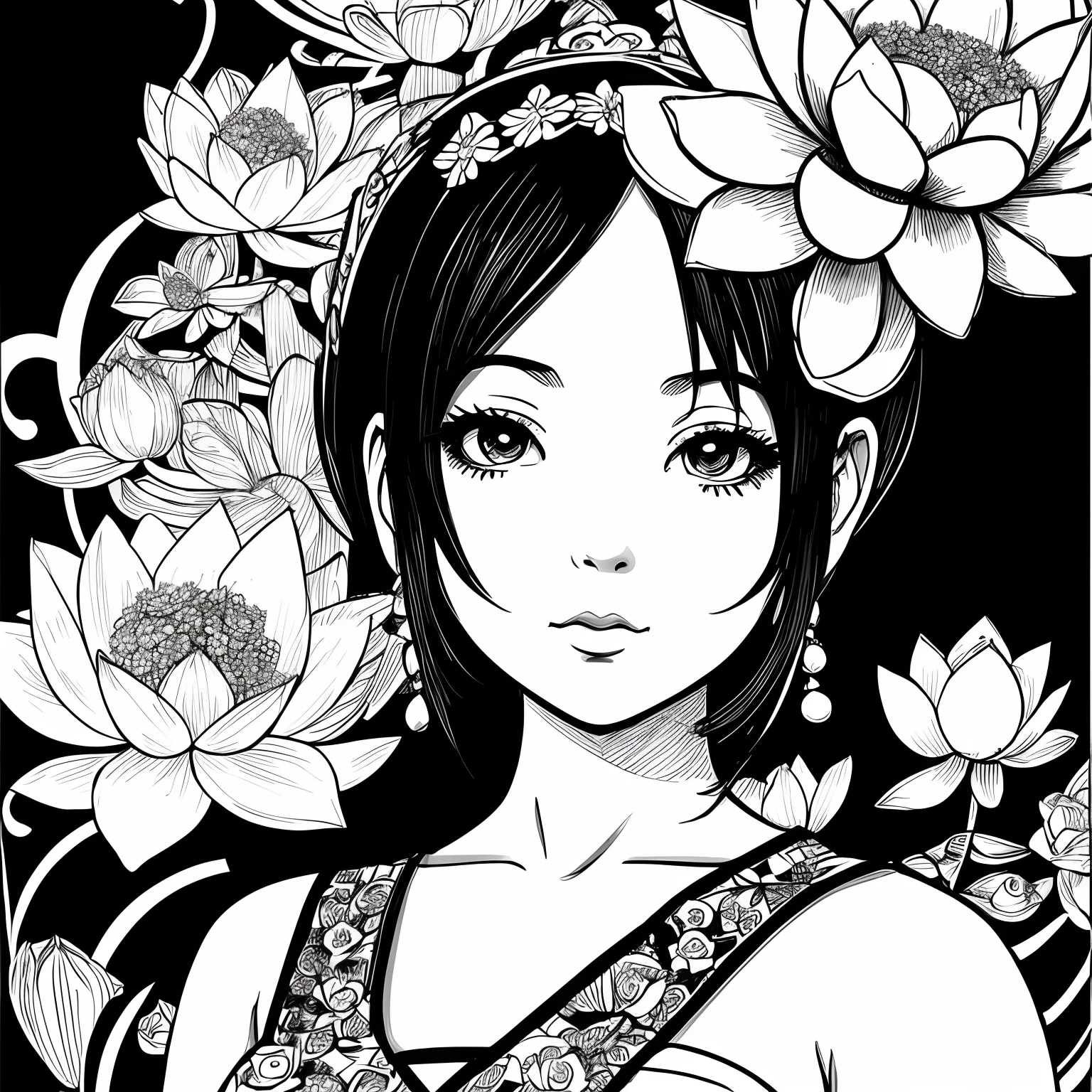 Black and white stick figure girl with lotus flower in background,  in dress with flowers, its fine ink line art, comic style, portrait of magical marilyn munroe beautiful line art, black and white comic style, manga style, manga art style, pencil and ink caricature drawing, black and white coloring