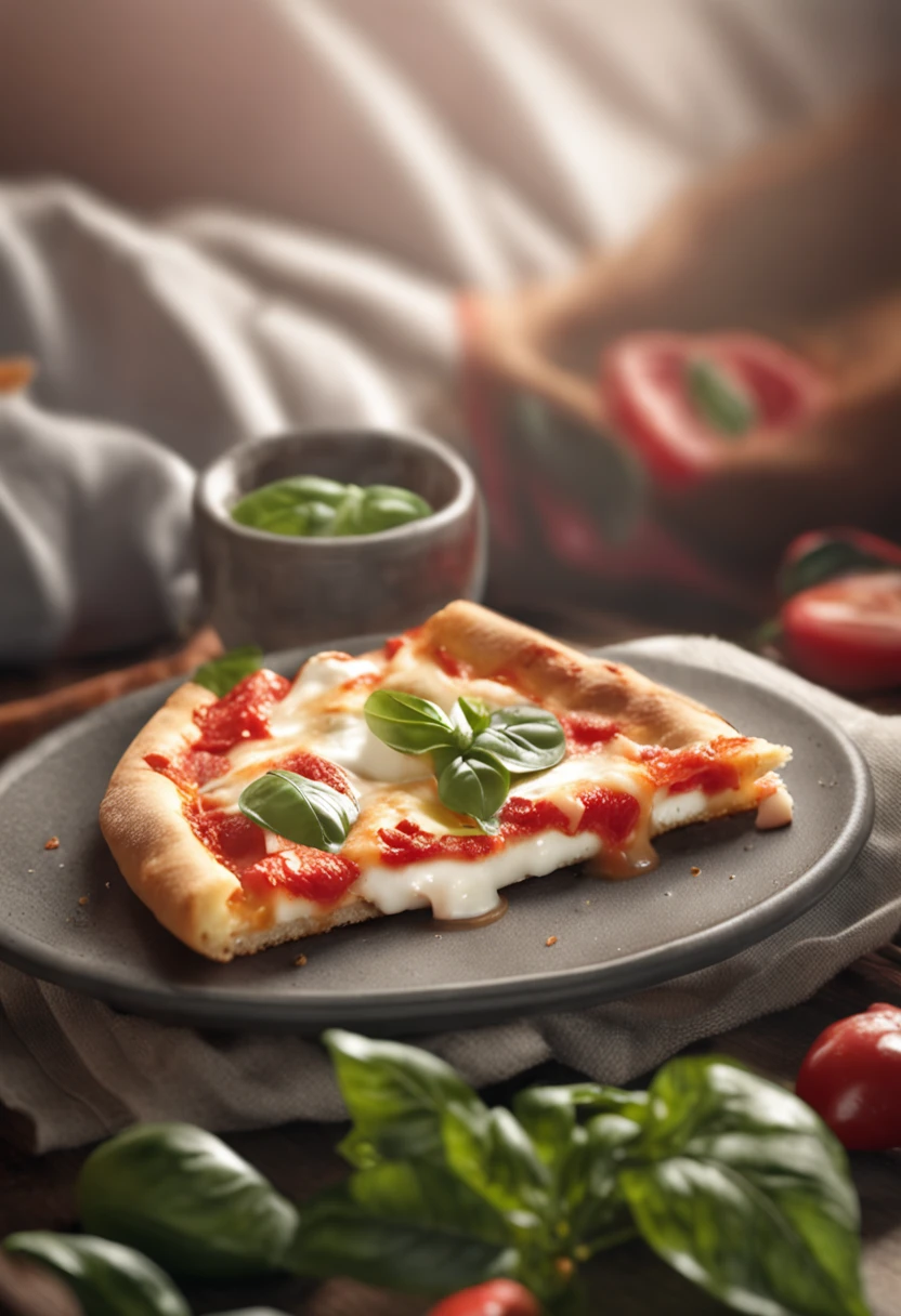 Photorealistic image of Close-up of a slice of margherita pizza, with fresh mozzarella, basil leaves, and a drizzle of olive oil. 9:16 format and 4K resolution Sony a7R IV camera, Meike 55mm F1.8 lens - hyper realistic, 4k, v 4 v 5 ar 3:2 Taken with a Sony camera using analog Kodak film, f/1.4, portrait