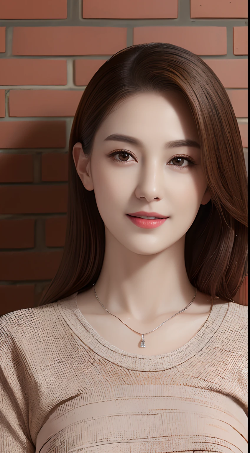 ((Brick wall、Realistic light、top-quality、8K、​masterpiece:1.3))、1girl in、A slight smil、Slim Beauty:1.4、brown haired、Grey knitted shirt、Red bean-colored long skirt、Thin Silver Necklace、A detailed eye、zoomout