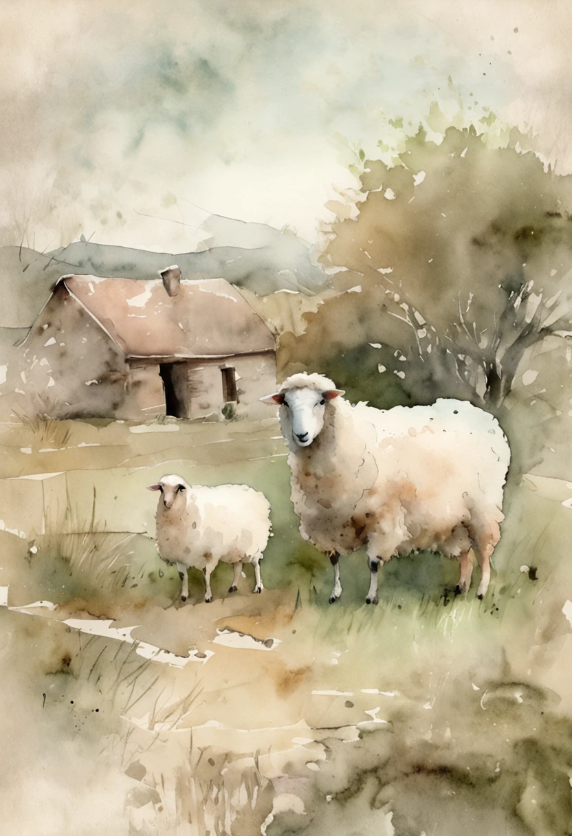 sheep in yard, extremely faded, light white tones, more light, neutral colors, very faded, french, vintage, antique looking landscape painting, subtle soft, very light pastel colors, high texture, small quaint cottage, pond, trees, sheep, watercolor,--v 5, more faded, more antique, texture, watercolor splotche