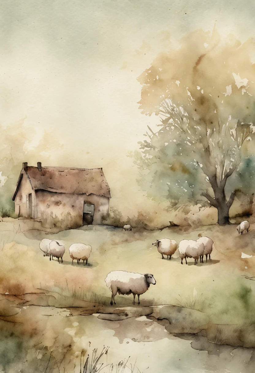 sheep in yard, extremely faded, light white tones, more light, neutral colors, very faded, french, vintage, antique looking landscape painting, subtle soft, very light pastel colors, high texture, small quaint cottage, pond, trees, sheep, watercolor,--v 5, more faded, more antique, texture, watercolor splotche