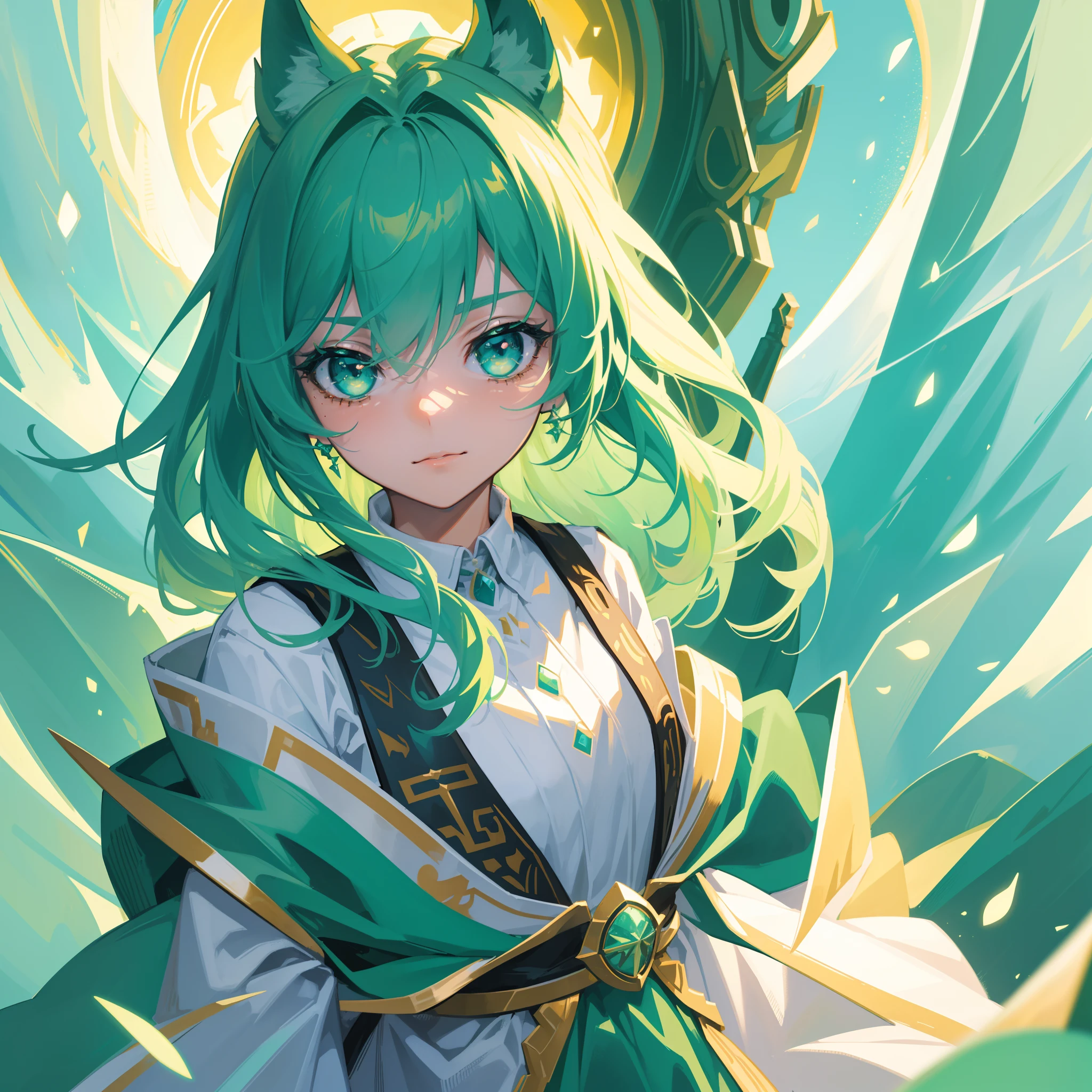 {{Best quality}}, {{Masterpiece}}, {{super ultra detail}}, {{illustration}}, {{Detailed light}}, one-girl，Green hair，Gradient, Turquoise eyes, Loli style, beast ear，The robes of the priests，(Dynamic lighting:1.2)，