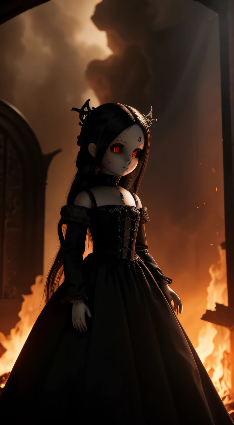 Amidst the chaotic blaze of a church inferno, a solitary gothic doll with a satanic symbol drawn on forehead stands. Its charred exterior mirrors the devastation, yet its malevolent expression remains untouched. The scene is set against a backdrop of swirling smoke and flames. Captured in a Cinematic style, with dramatic lighting emphasizing the doll's influential presence amidst destruction.