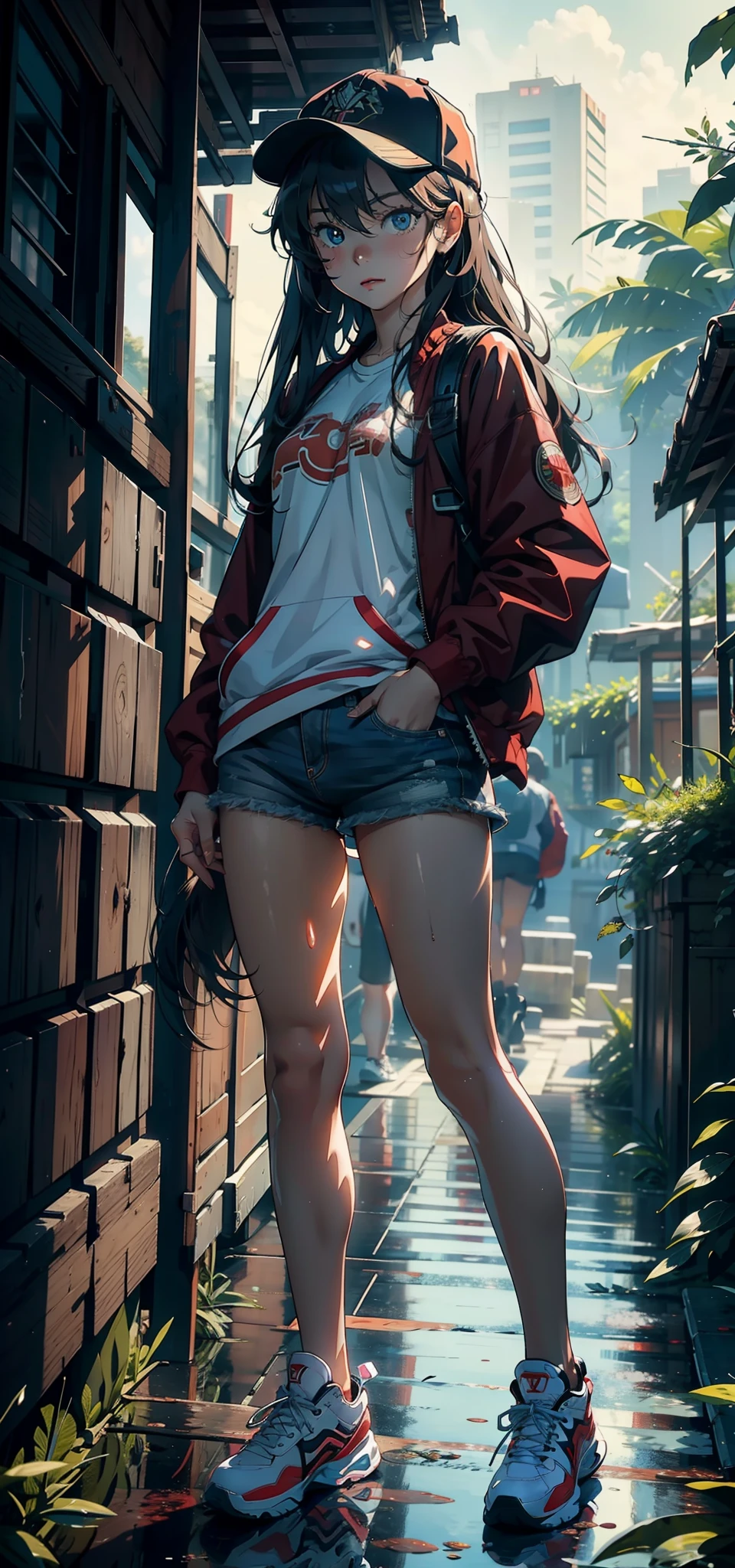 1female，9 ，bit girl，Small loli，super adorable，Bigchest ，Pornographic exposure， 独奏，（Background with：ln the forest，the rainforest，in summer，Standing water on the ground，exteriors） Feel free to hairstyle，Stride down to urinate，legs are open，Sweat profusely，drenched all over the body，seen from the front，Very long hair ， mostly cloudy sky，（（（tmasterpiece），（Very detailed CG unity 8K wallpaper），best qualtiy，cinmatic lighting，detailed back ground，beatiful detailed eyes，Bright pupils，blue color eyes（Very fine and beautiful），（Beautiful and detailed eye description），ultra - detailed，tmasterpiece，）），facing at camera，A high resolution，ultra - detailed）nakeness，with no underpants，revealing breasts，Bare genitalia， Bulge，Camel toes，Raised sexy，Lewd expression，Flushed complexion，Open-mouthed，frontage，elementarRed baseball jacket，Denim tong，baseball cap，athletic sneakers）Full body photo，Show shoes