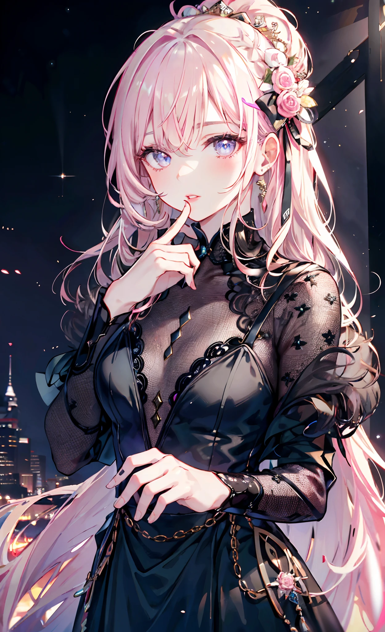meticulous portrayal of face,1 noblewoman,a matural female,Black dress long dress,(Pink White Long Hair),(dark night background),Prom, s the perfect face, perfect hand, Perfect Finger, Perfect lips, perfect eyes, Perfect background