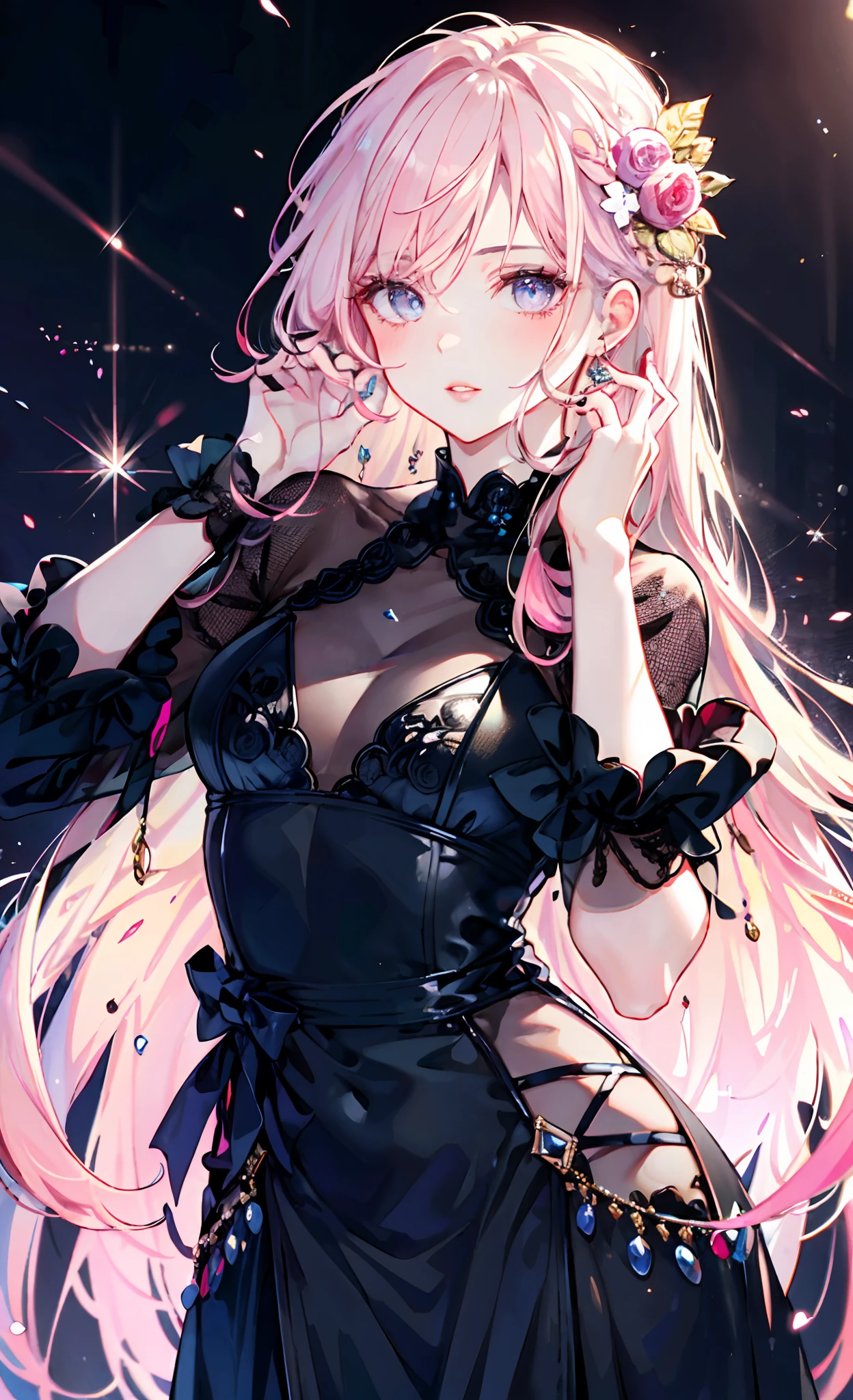 meticulous portrayal of face,1 noblewoman,a matural female,Black dress long dress,(Pink White Long Hair),(dark night background),Prom, s the perfect face, perfect hand, Perfect Finger, Perfect lips, perfect eyes, Perfect background