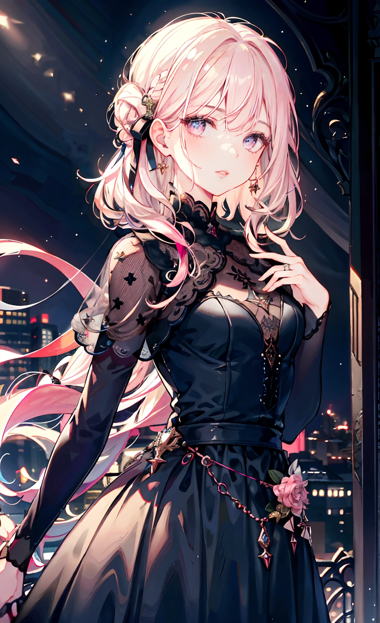 meticulous portrayal of face，1 noblewoman，a matural female，Black dress long dress，(Pink White Long Hair)，(dark night background)，Prom，  s the perfect face， perfect hand， Perfect Finger， Perfect lips， perfect  eyes， Perfect background
