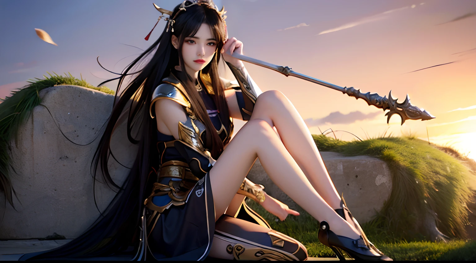 Close-up of a woman in battle armor holding a spear in her hand,Bust photo,Goose egg face,A melancholy look,Long black hair fluttering,Long legs,Big breasts Thin waist,anime fantasy artwork,Chinese fantasy,xianxia fantasy,Fantasy art style,Beautiful figure painting beautiful fantasy woman with clear face,Super detail, Super clear,
